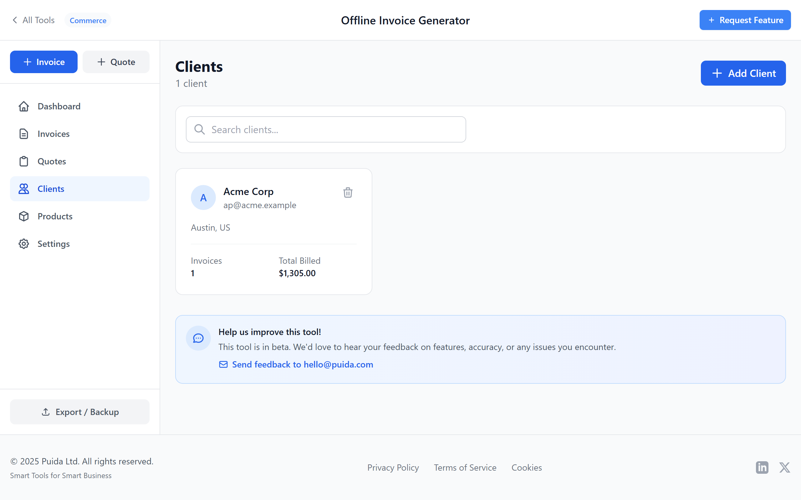Clients view showing client list and summary information