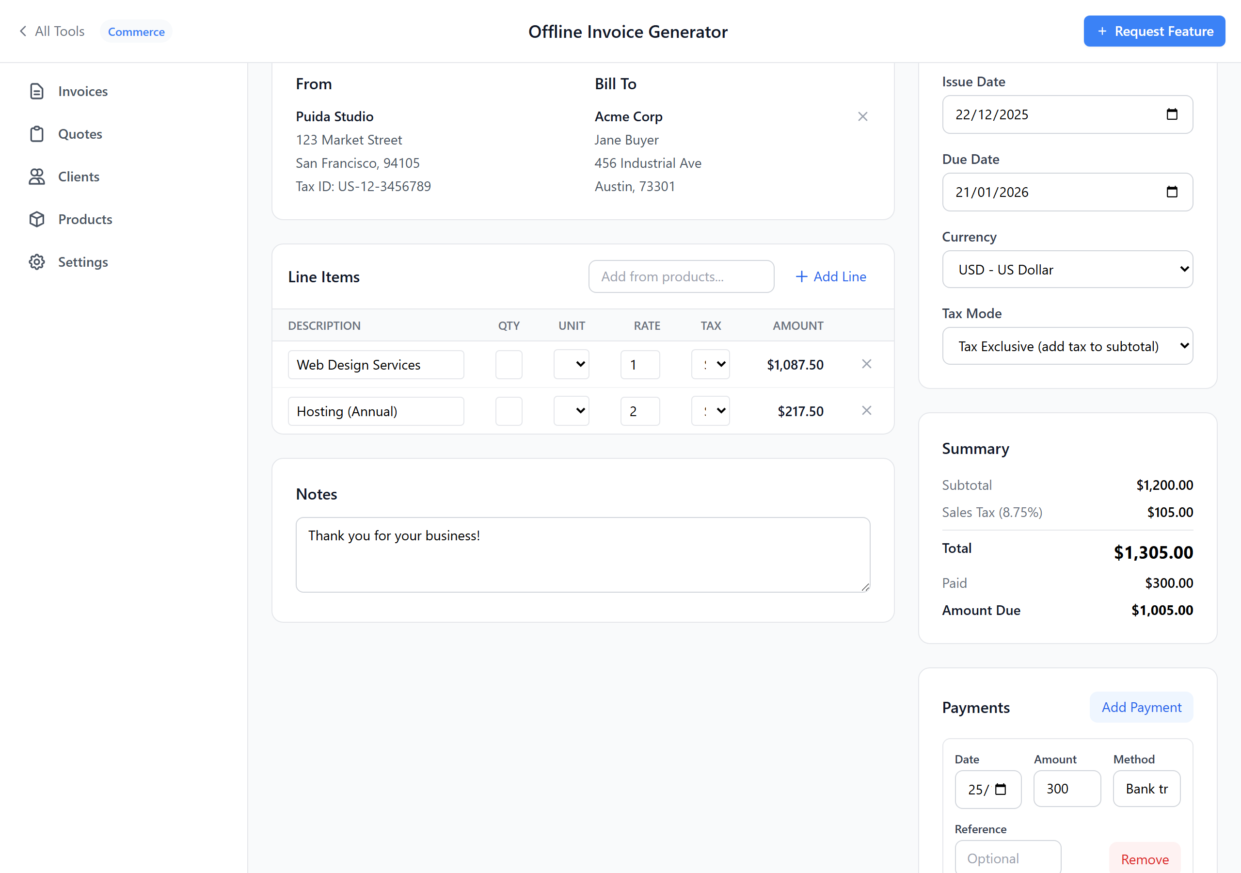 Invoice editor with line items, totals summary, and payments section