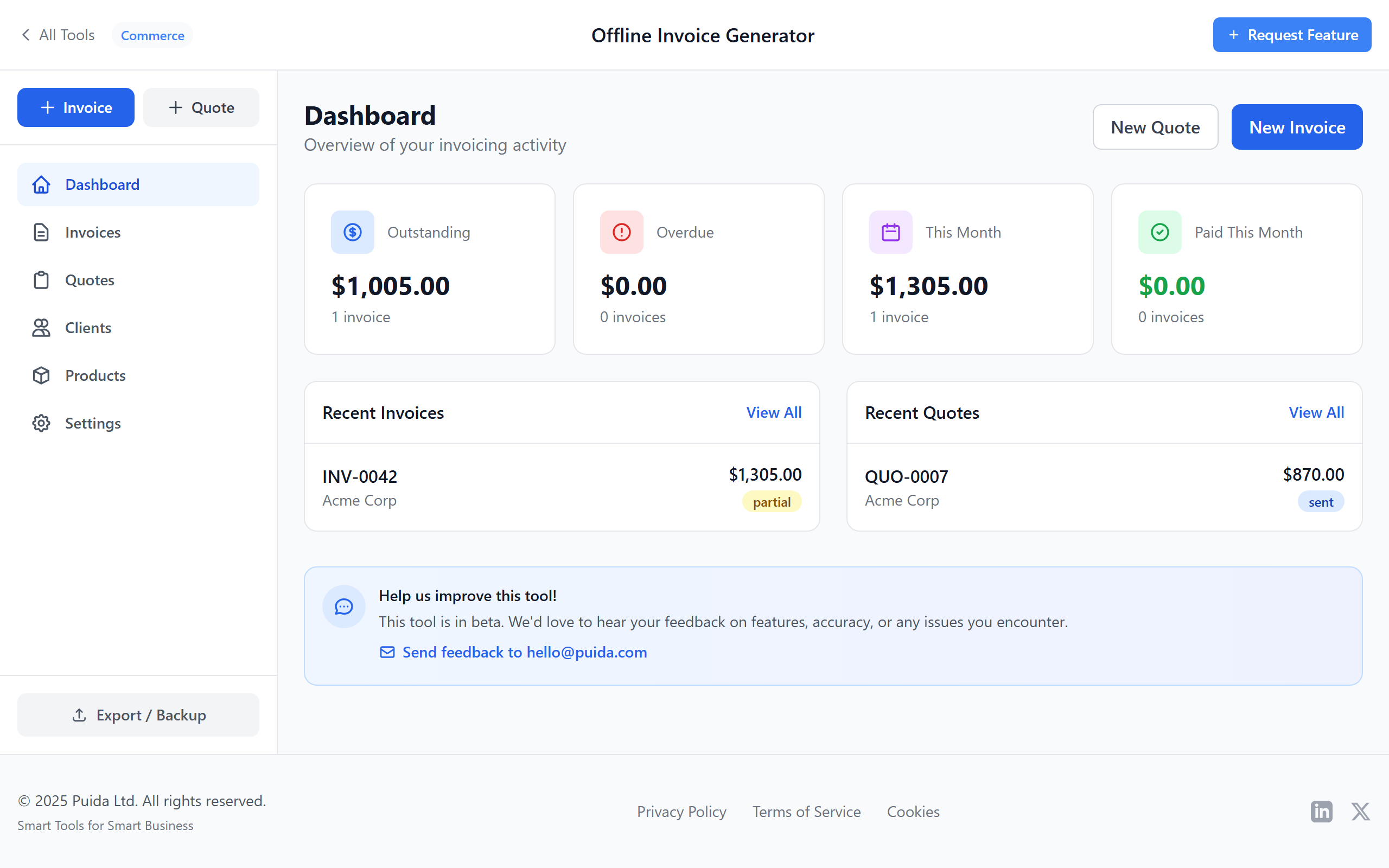 Invoice Generator dashboard showing totals, recent invoices, and quick actions
