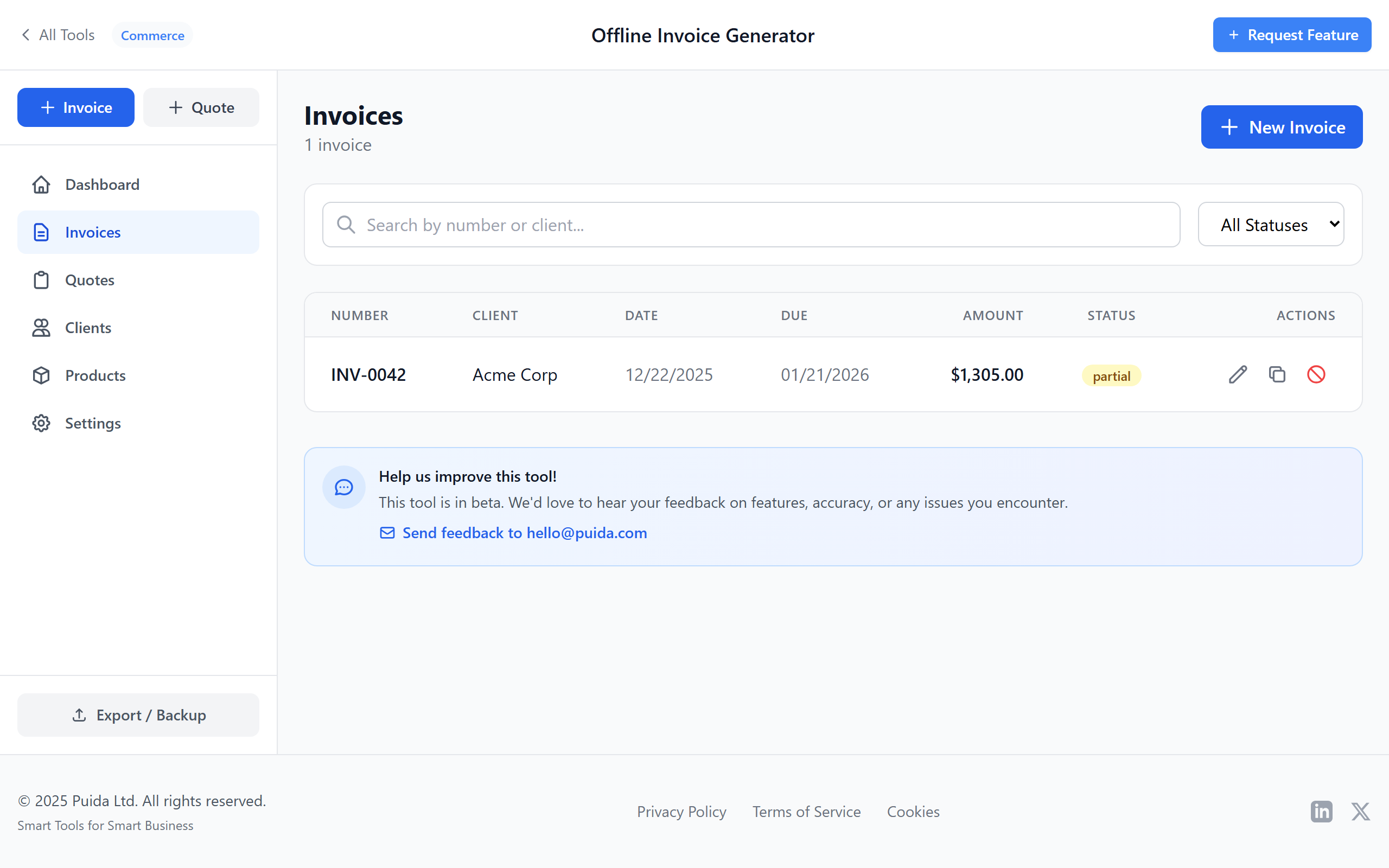 Invoice list showing invoice numbers, clients, due dates, totals, and statuses