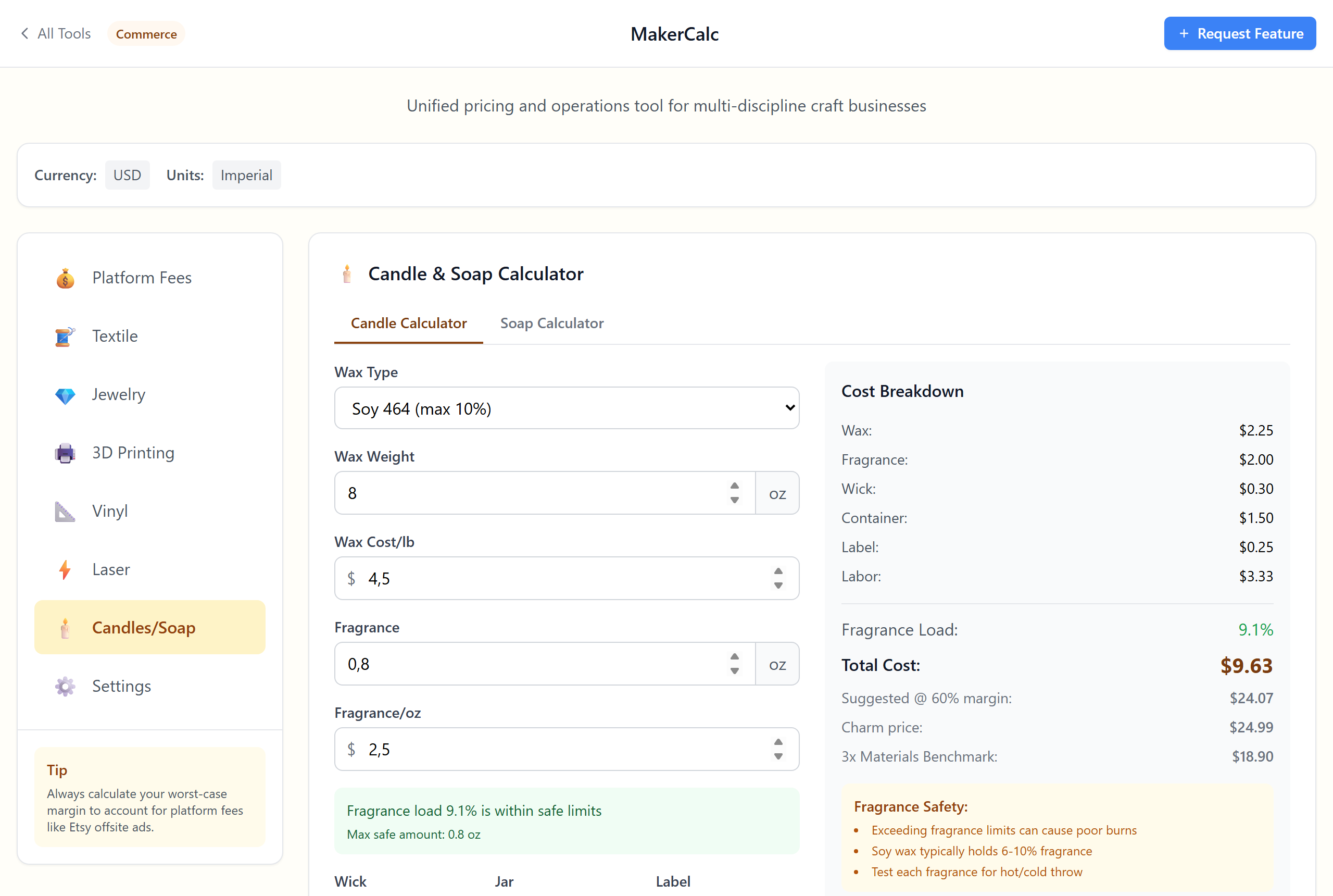 Candle and soap calculator showing cost breakdown and suggested pricing