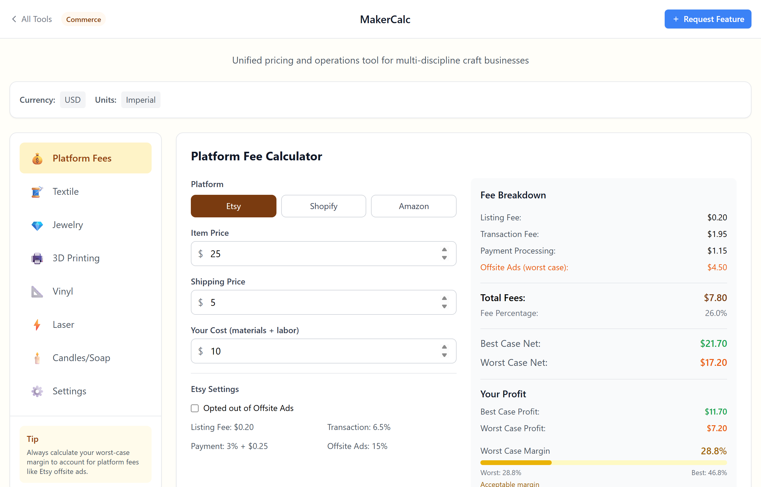 MakerCalc platform fee calculator showing fee breakdown and best/worst-case margins