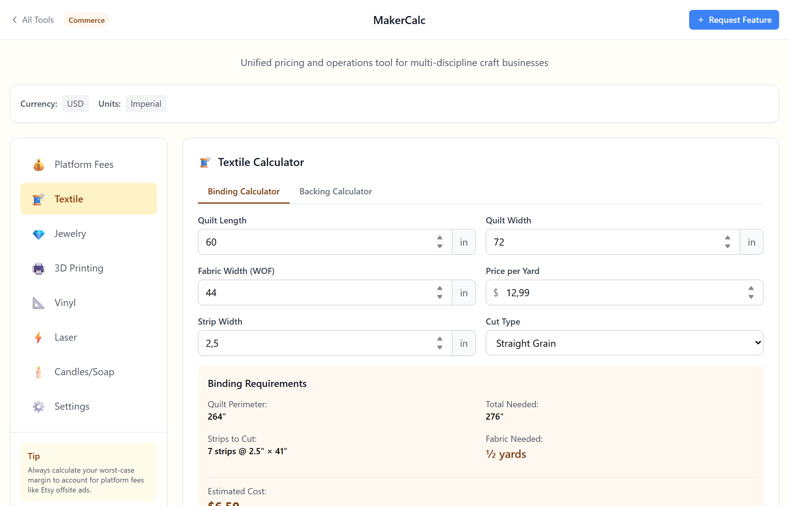 Textile calculator showing binding requirements and estimated cost