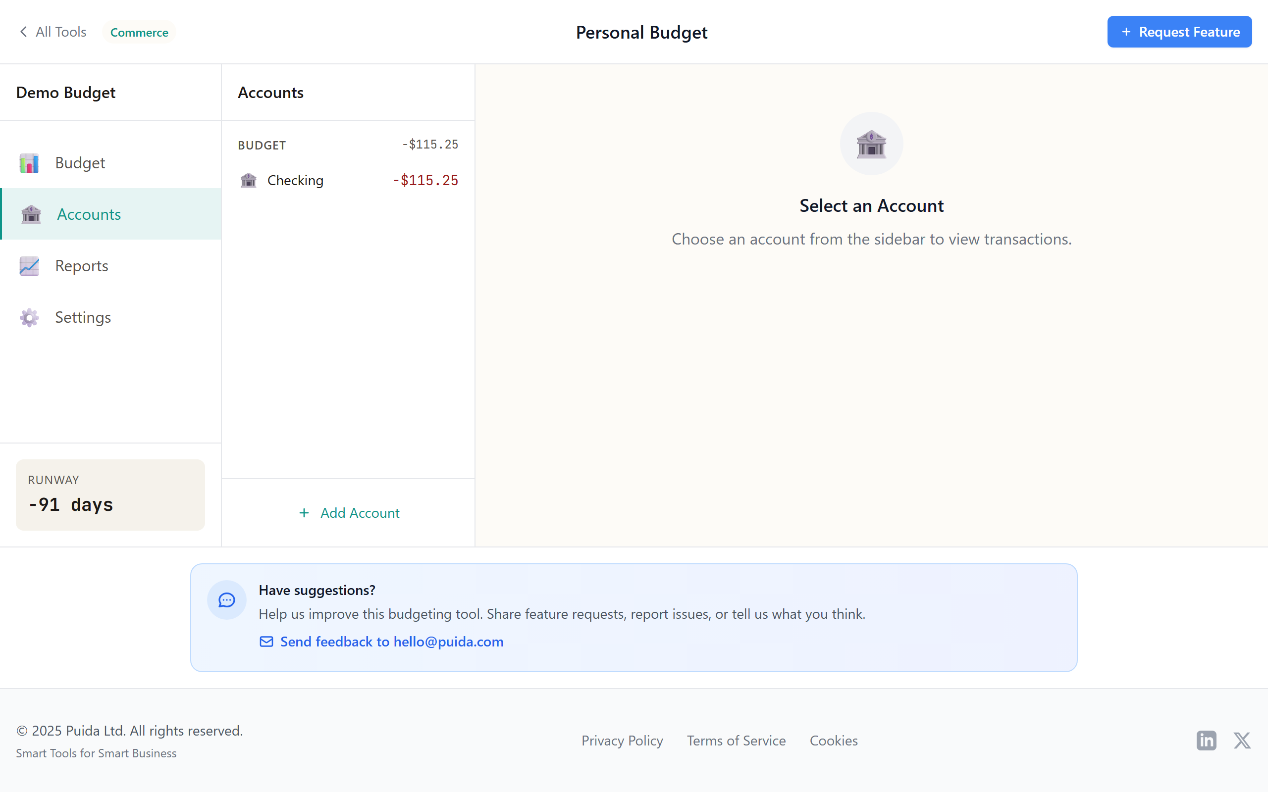 Accounts view showing account list and recent transactions
