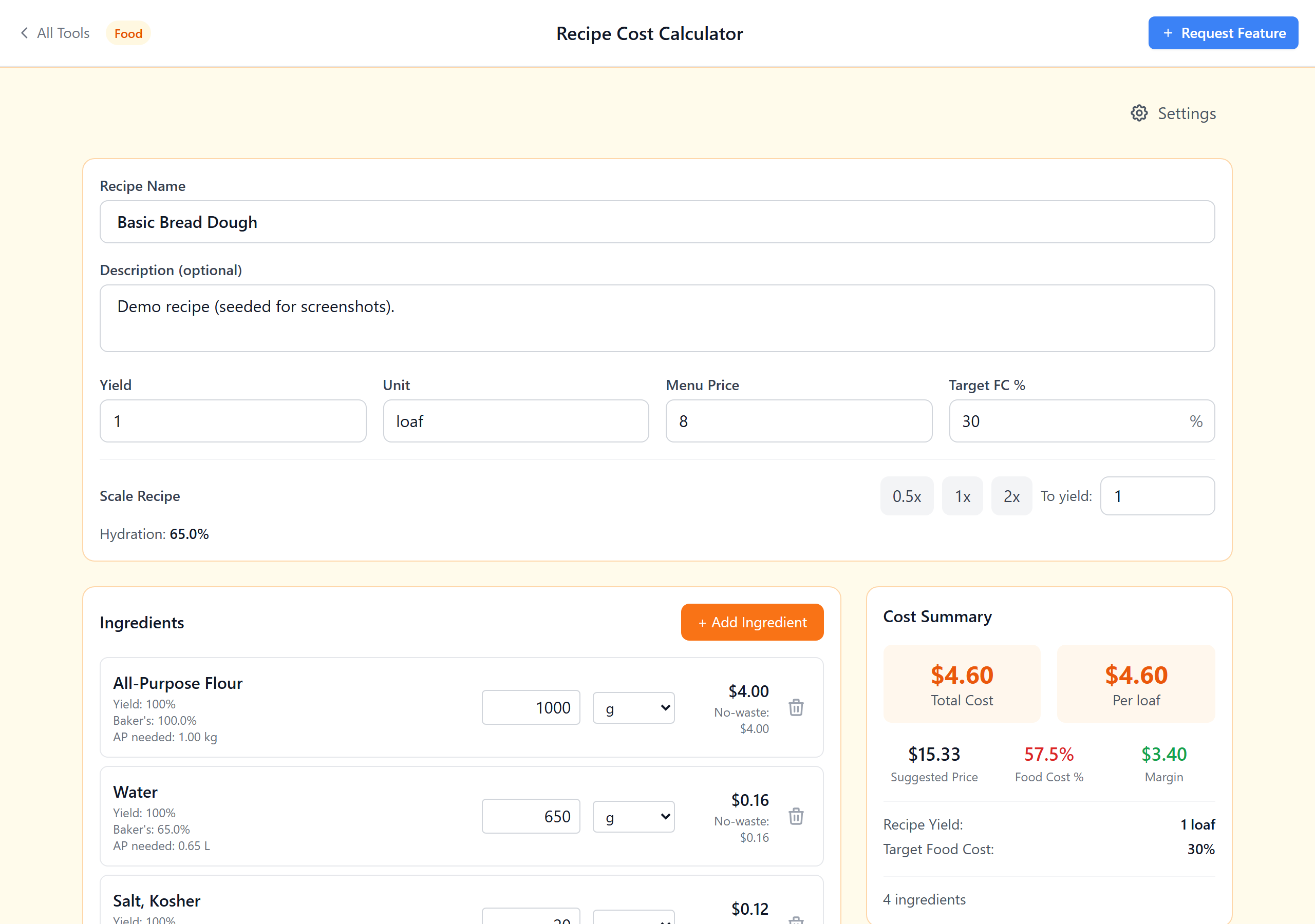 Recipe editor with ingredient list and cost summary card