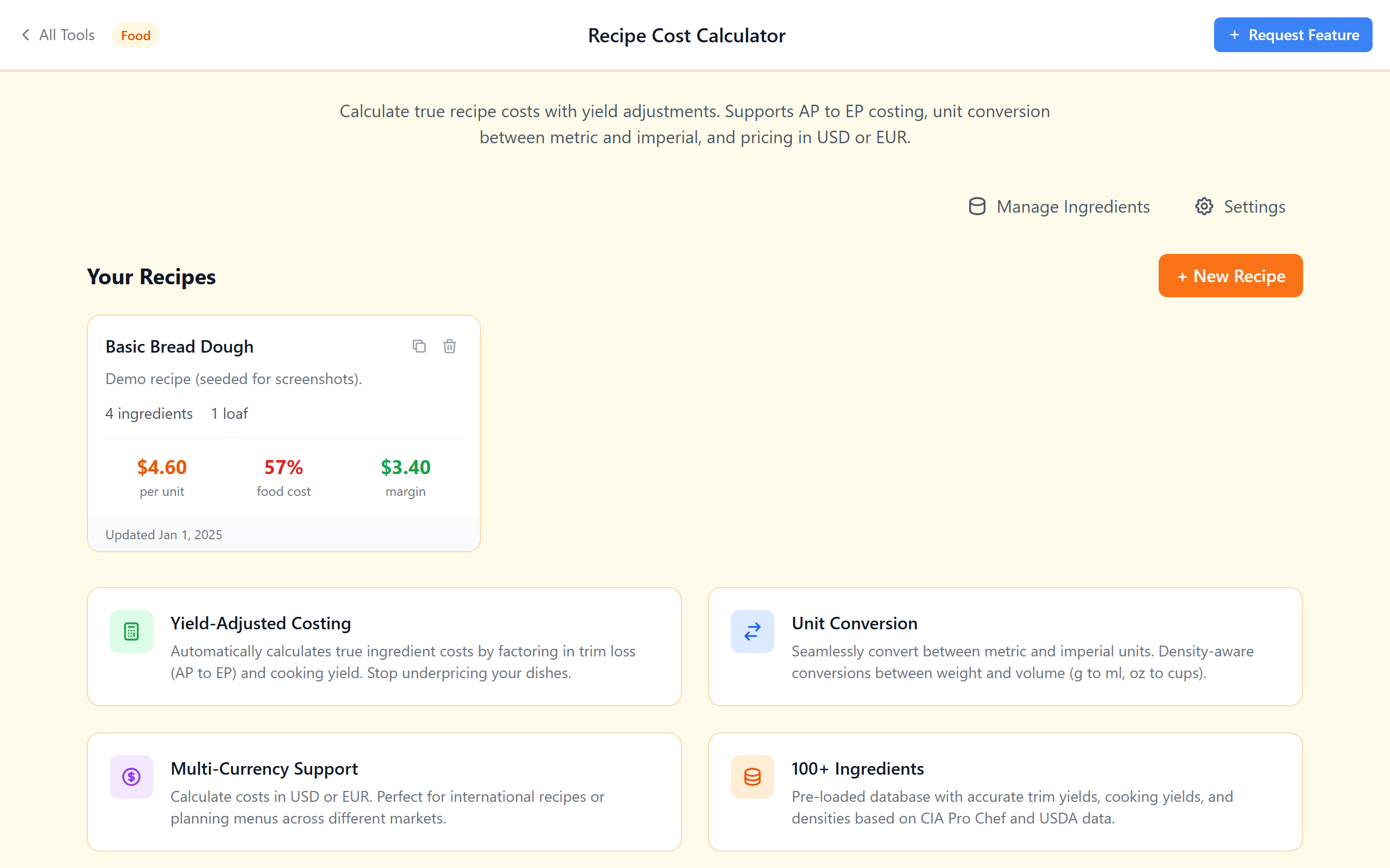 Recipe Cost Calculator showing a recipe list with per-unit cost, food cost percent, and margin