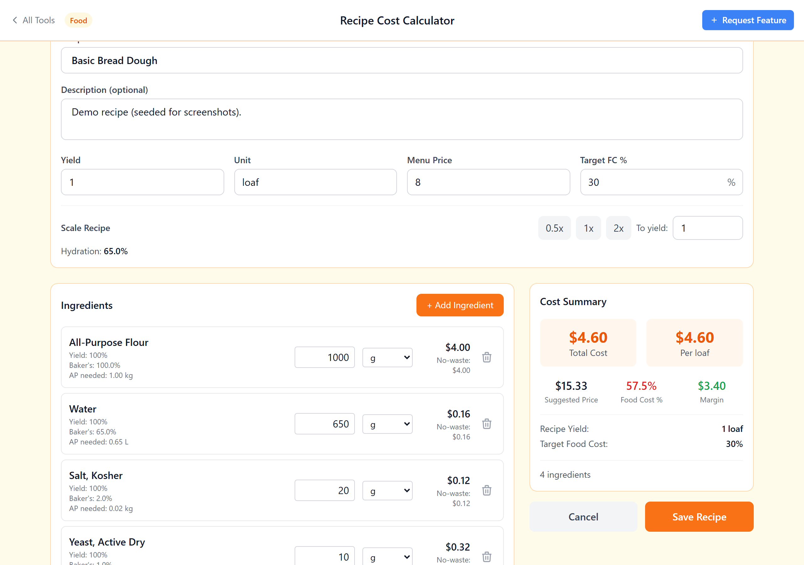 Recipe editor showing scaling controls and updated quantities