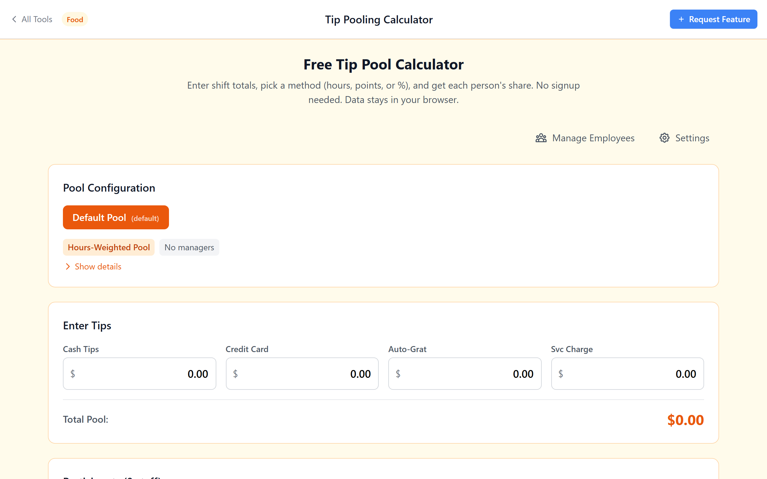 Free tip pooling calculator showing per-person tip distribution results