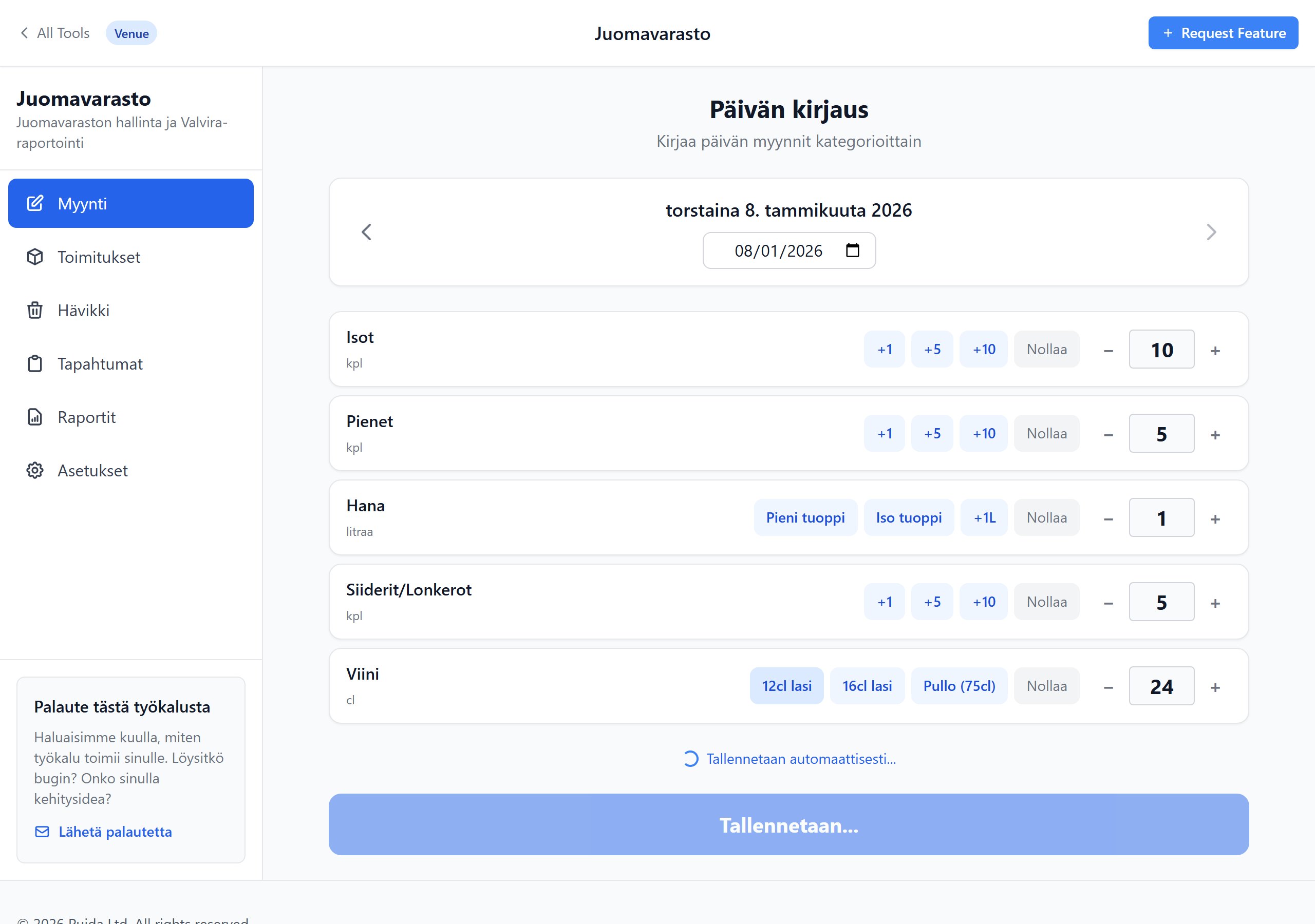 Daily sales view with A1 Beer and A2 Other categories