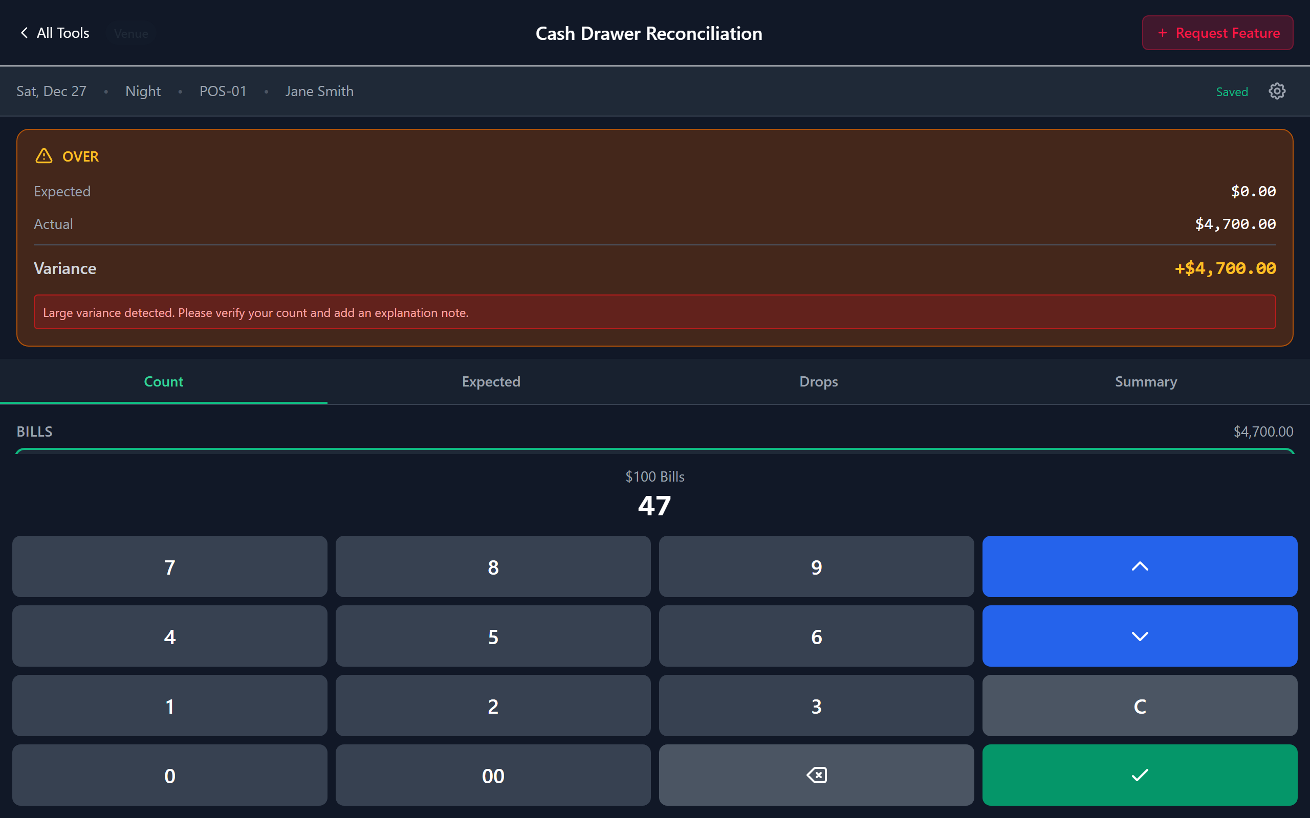 Cash Drawer Reconciliation tool showing denomination grid, totals, and numpad