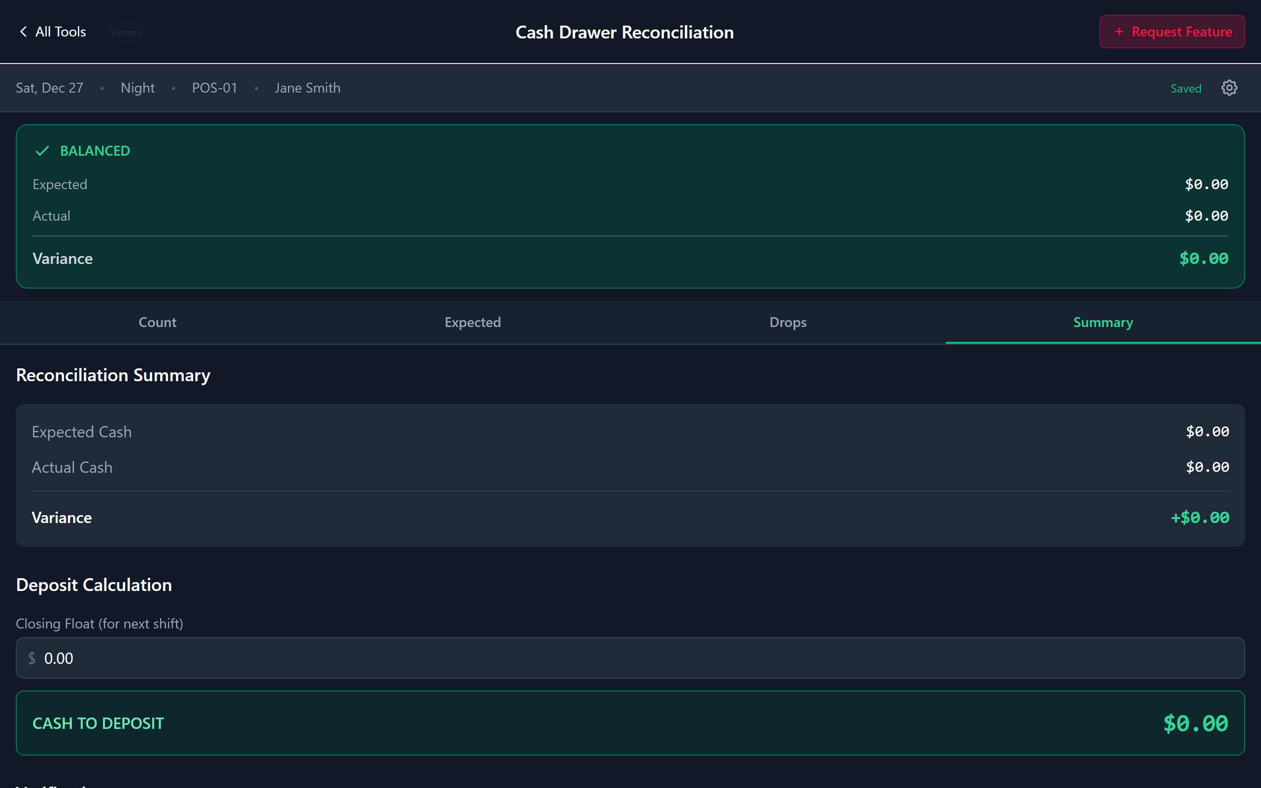 Summary view showing variance and deposit calculation
