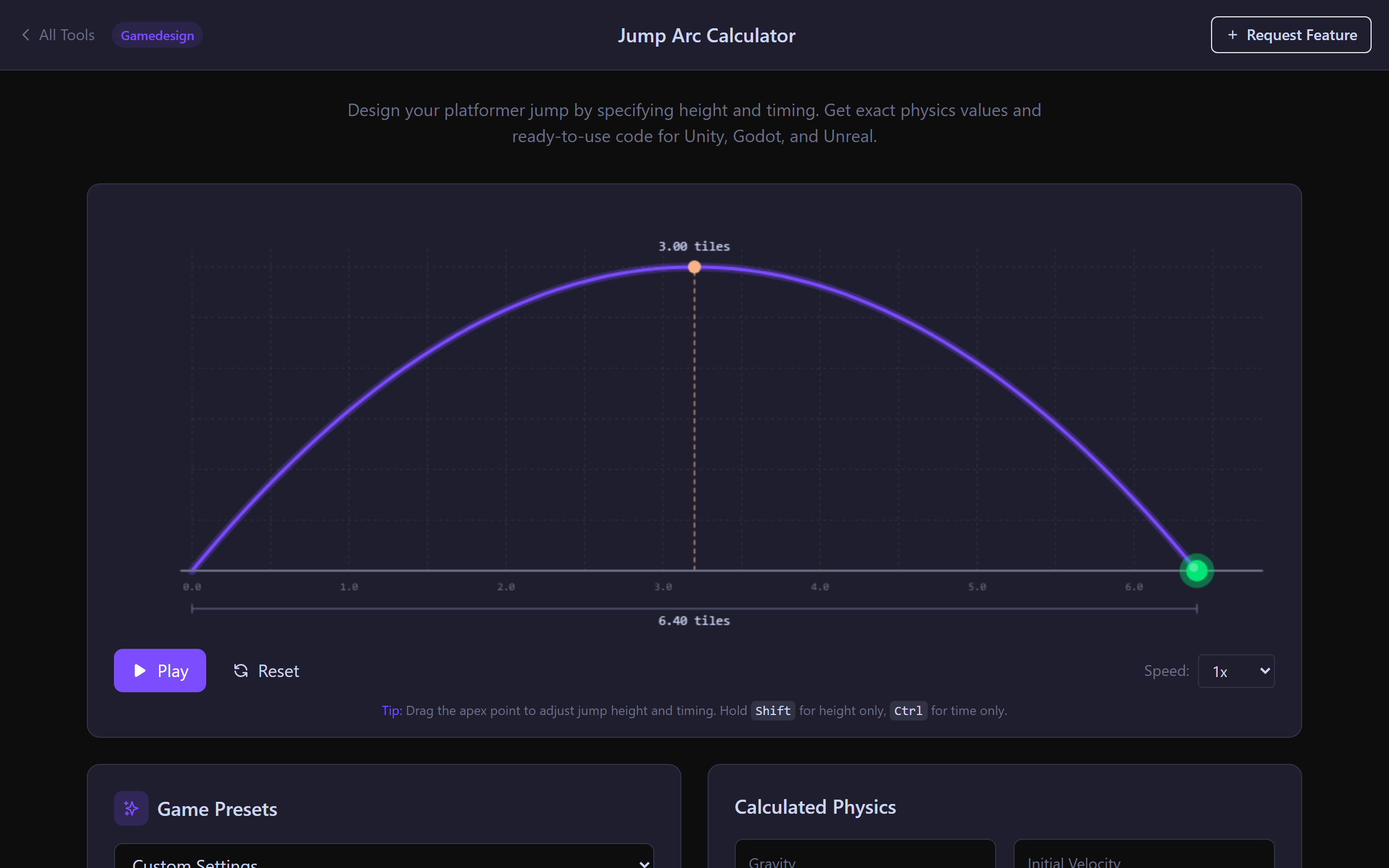 Jump Arc Calculator showing arc visualization and calculated gravity/velocity outputs