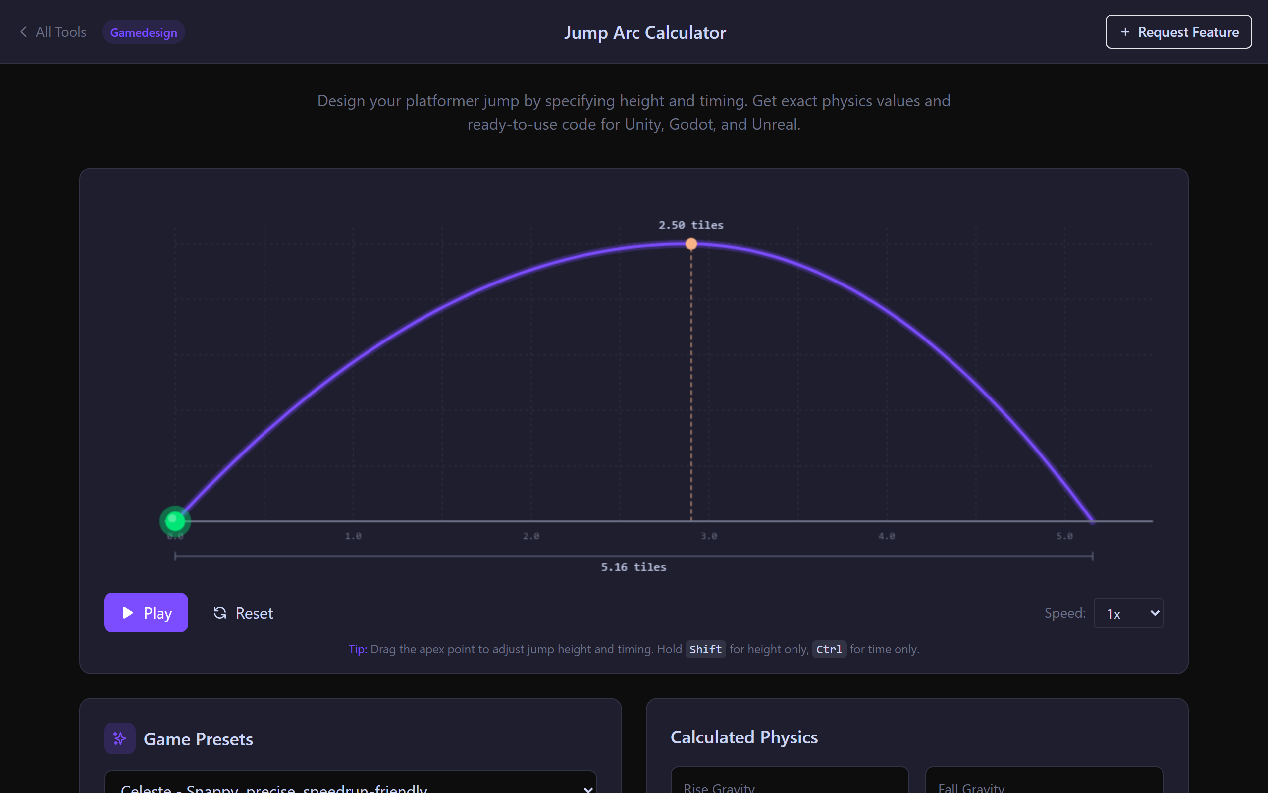 Preset selector with updated physics outputs