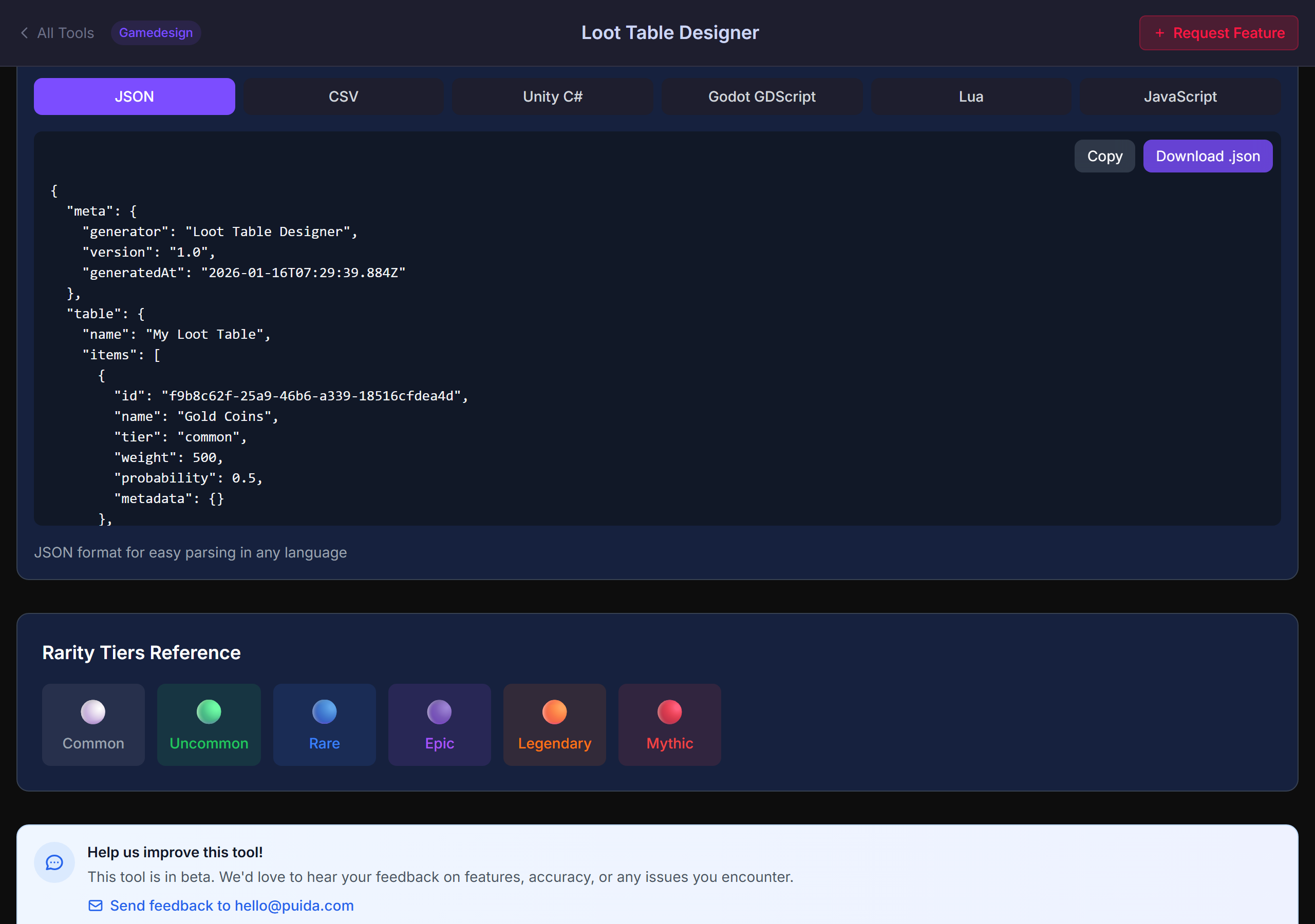Export panel showing generated JSON and engine code templates