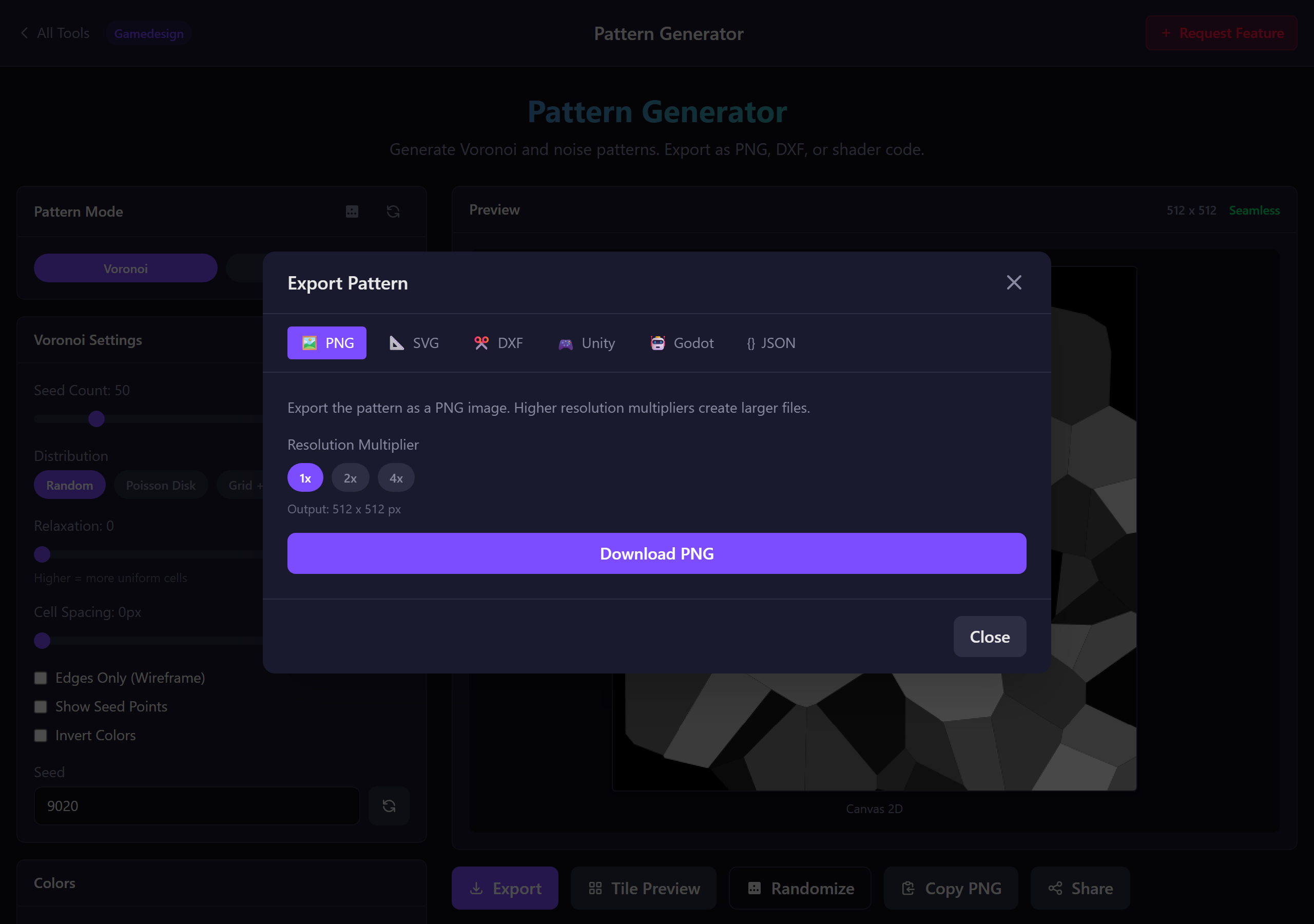 Export modal showing format tabs and download buttons