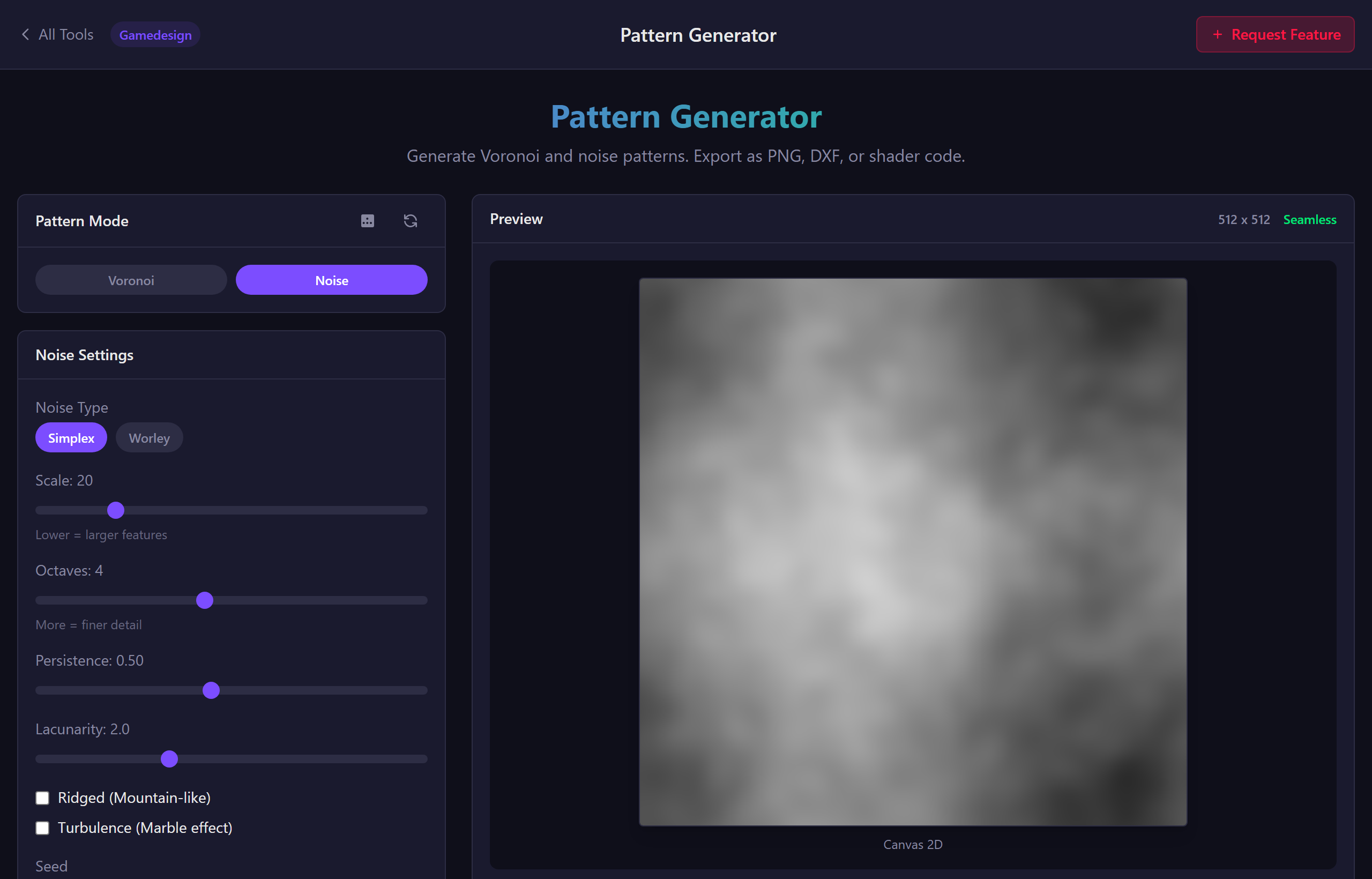 Noise mode showing controls and a grayscale noise texture preview