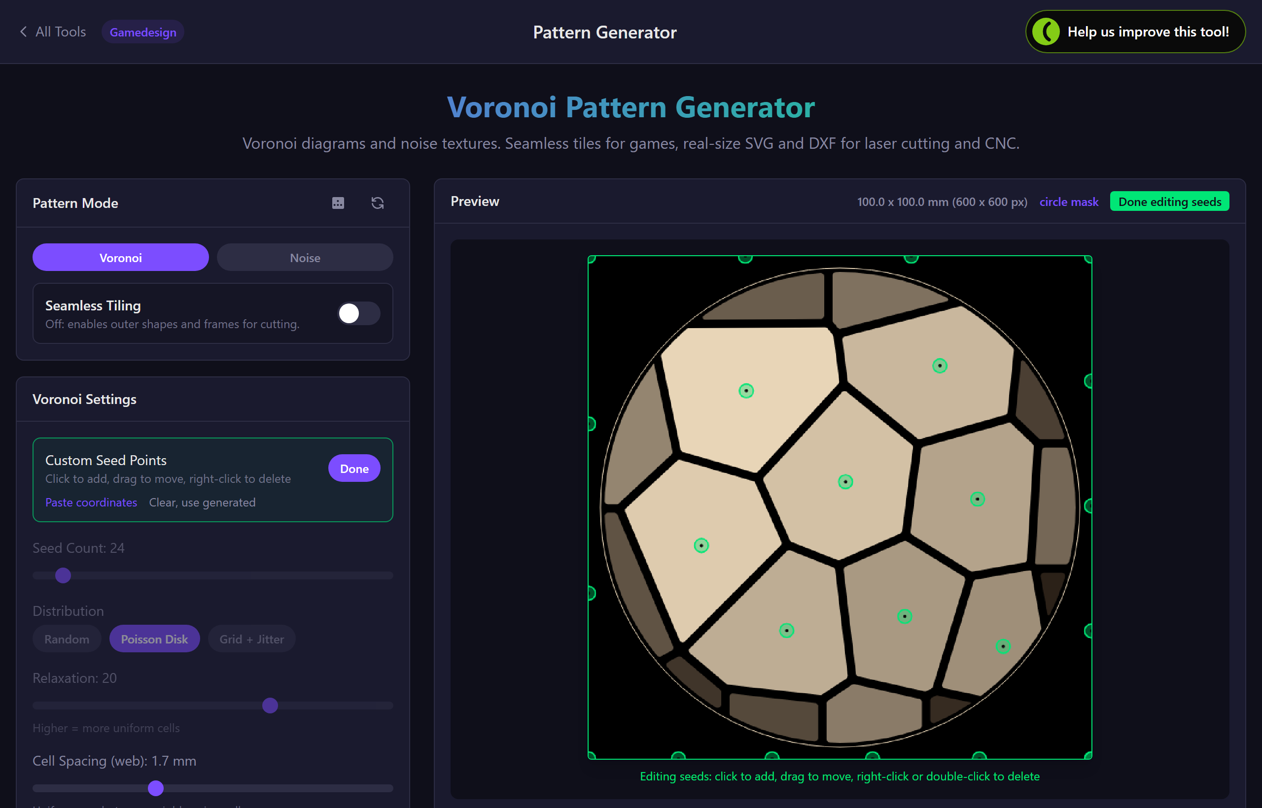 Seed editing mode with green handles on every cell centre of a coaster pattern