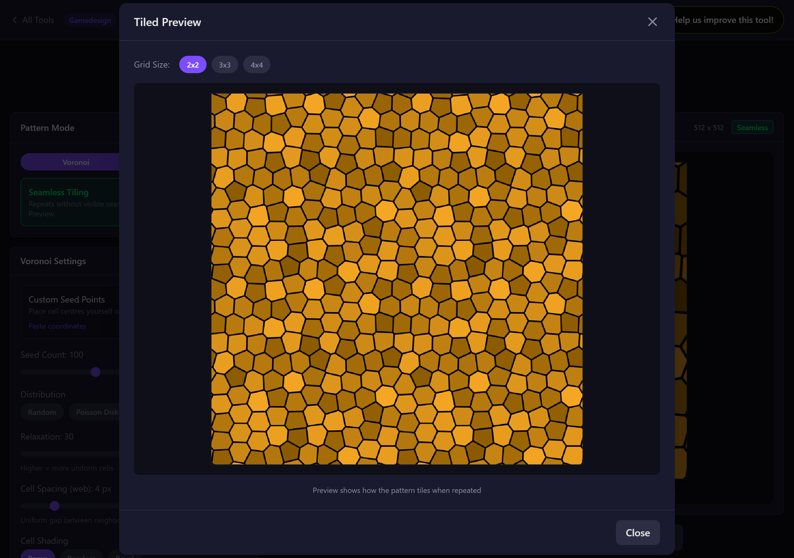 Tile preview showing a honeycomb pattern repeated 3 by 3 with no visible seams