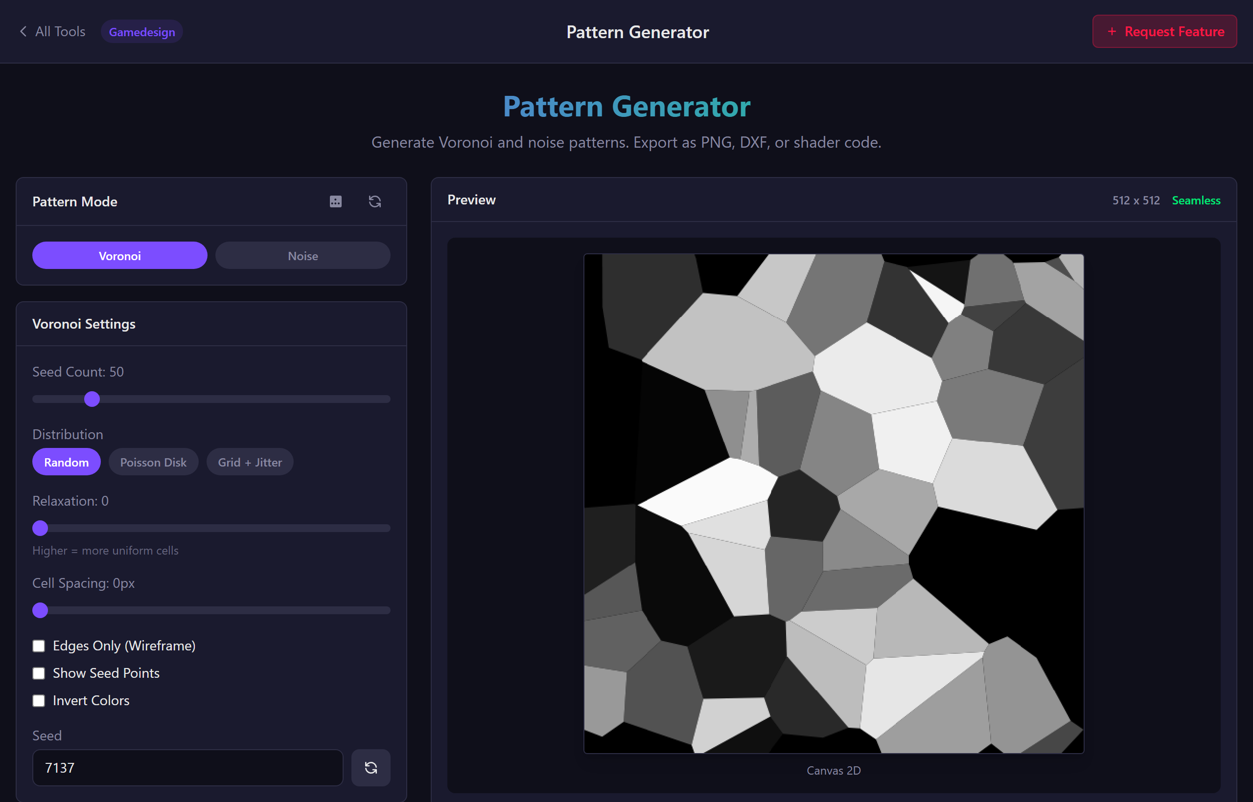 Voronoi mode with seed count, relaxation, and spacing controls