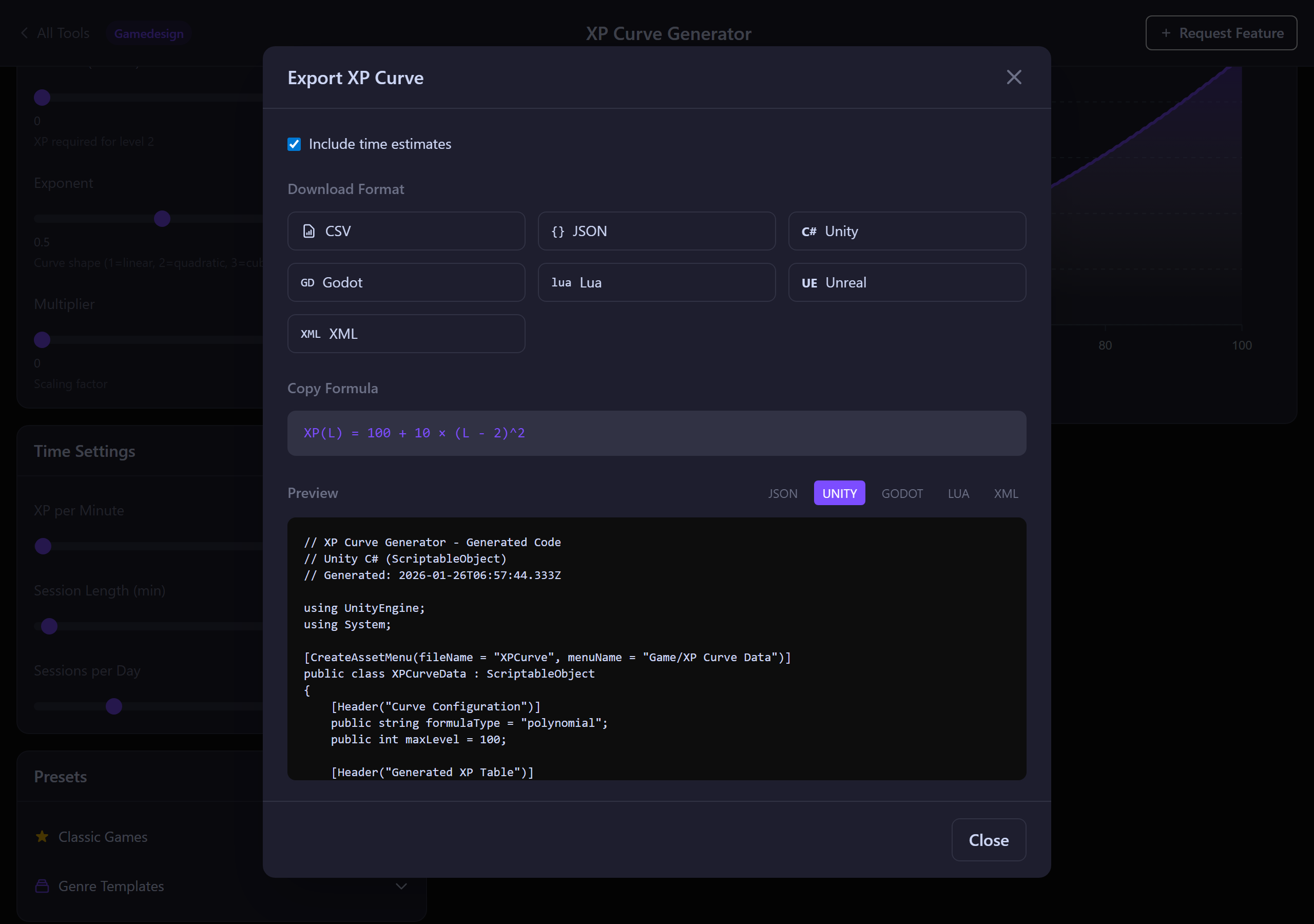 Export modal showing multiple formats and previews