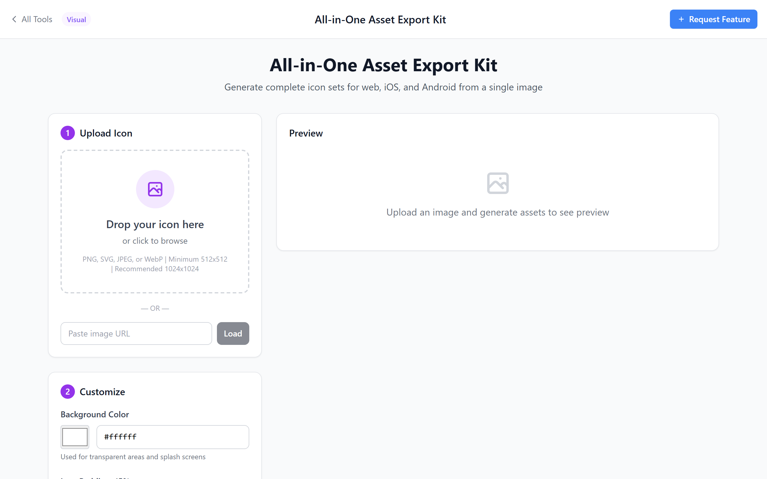 Asset Export Kit showing upload area, customization settings, and preview grid