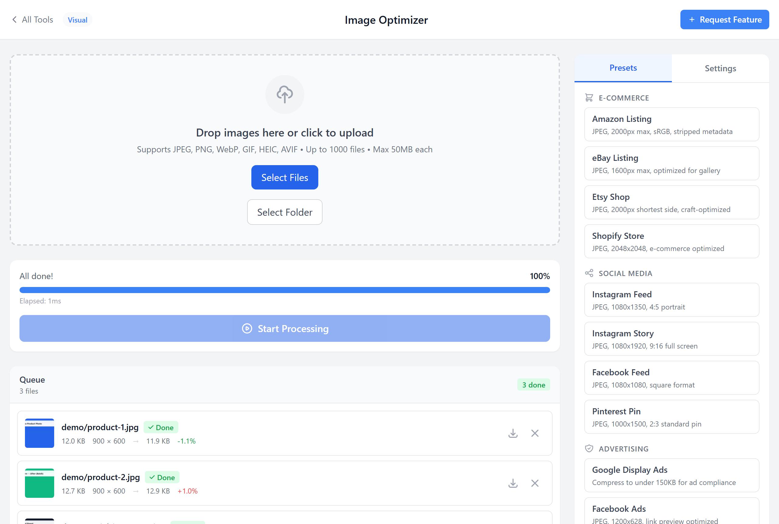 Image Optimizer showing demo images in the queue with export options