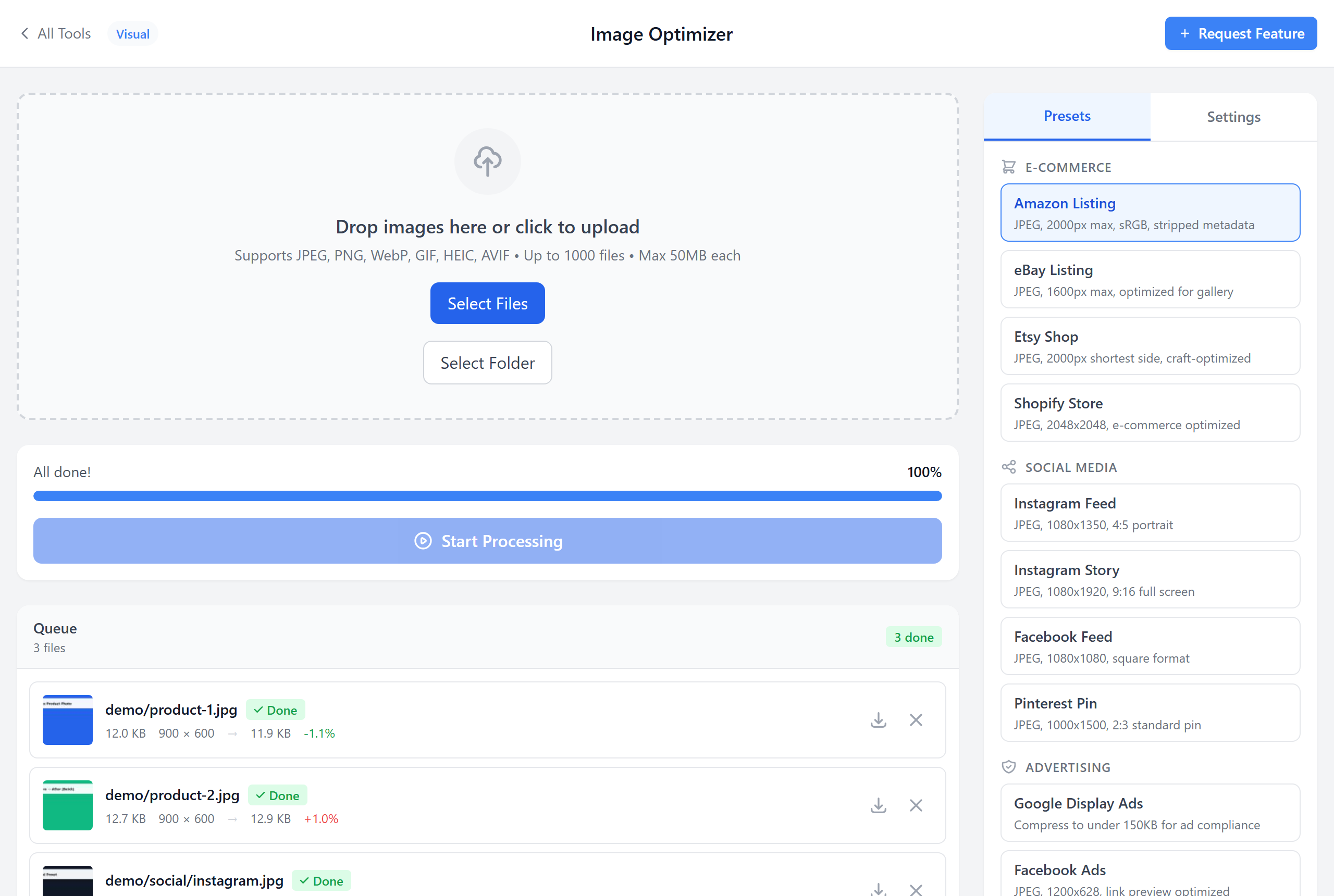 Preset selector showing e-commerce and social presets