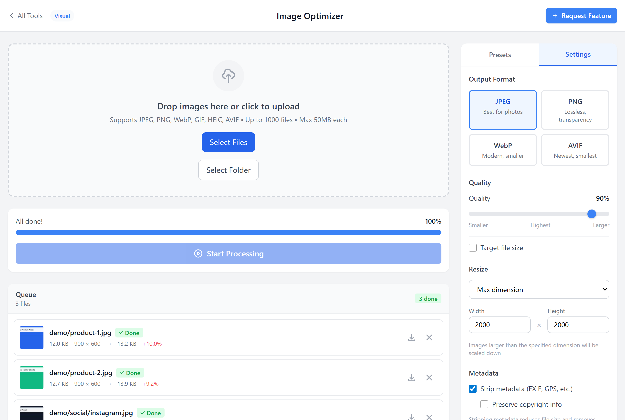 Settings panel for format, resize, and quality controls