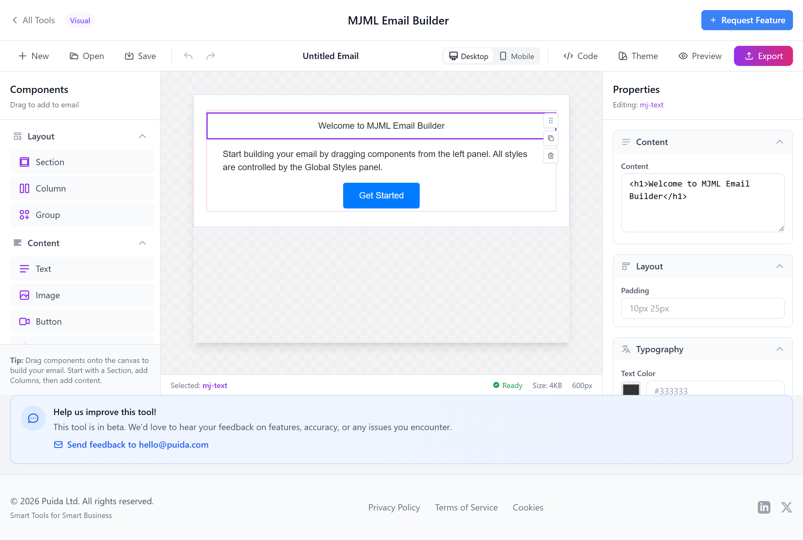 Editor canvas with components and properties panel