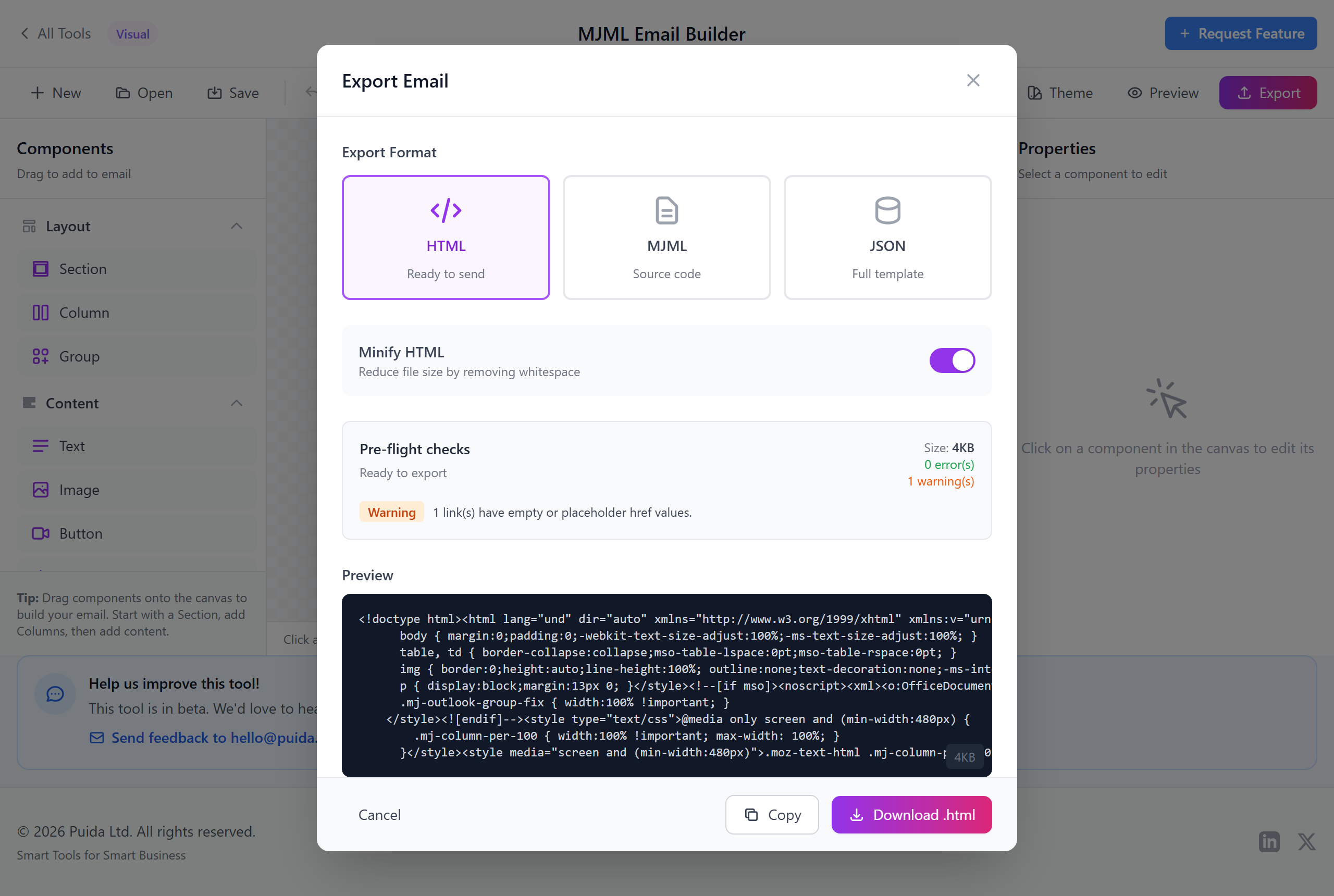 Export modal showing format options and pre-flight checks