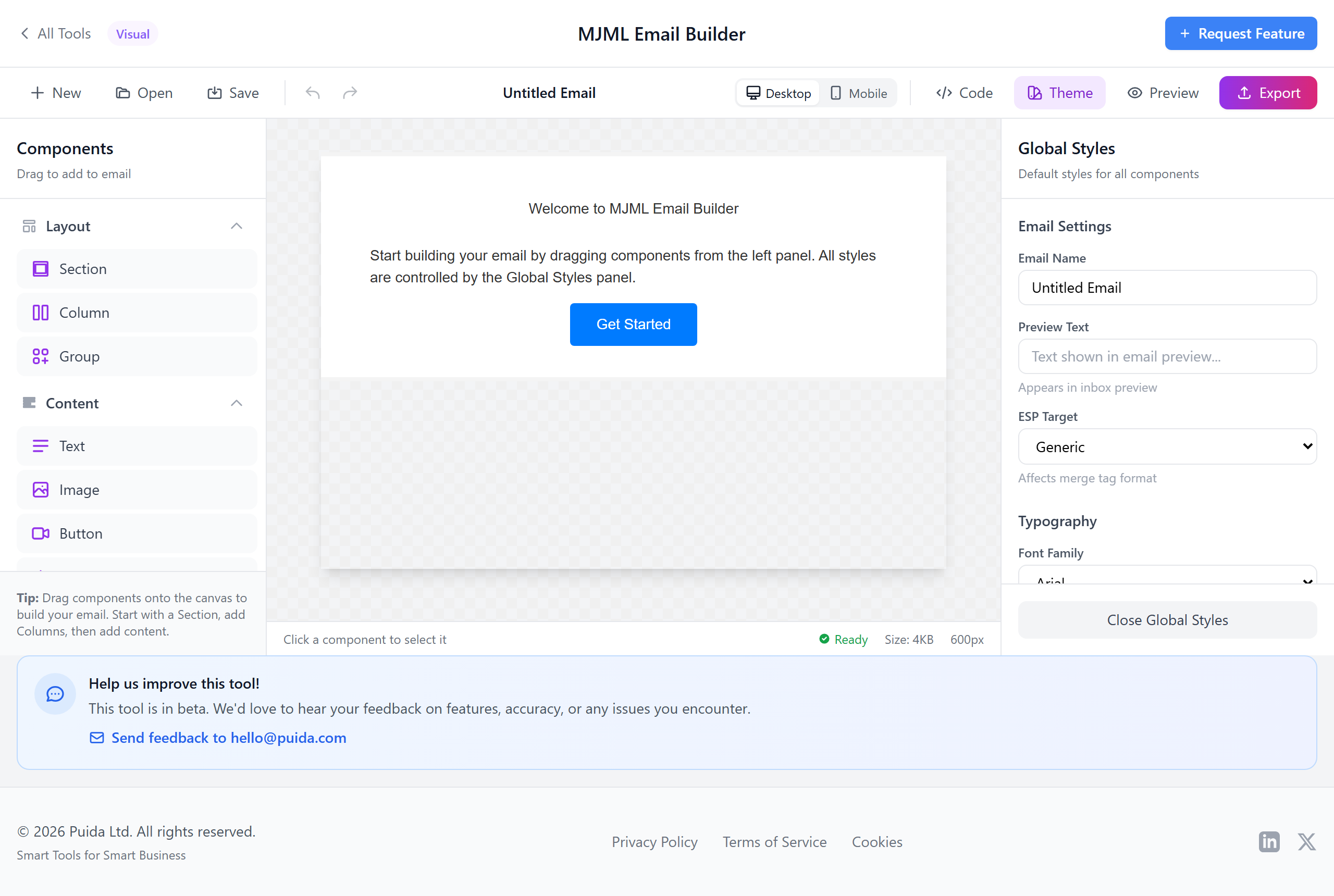 Global styles panel showing typography and button defaults