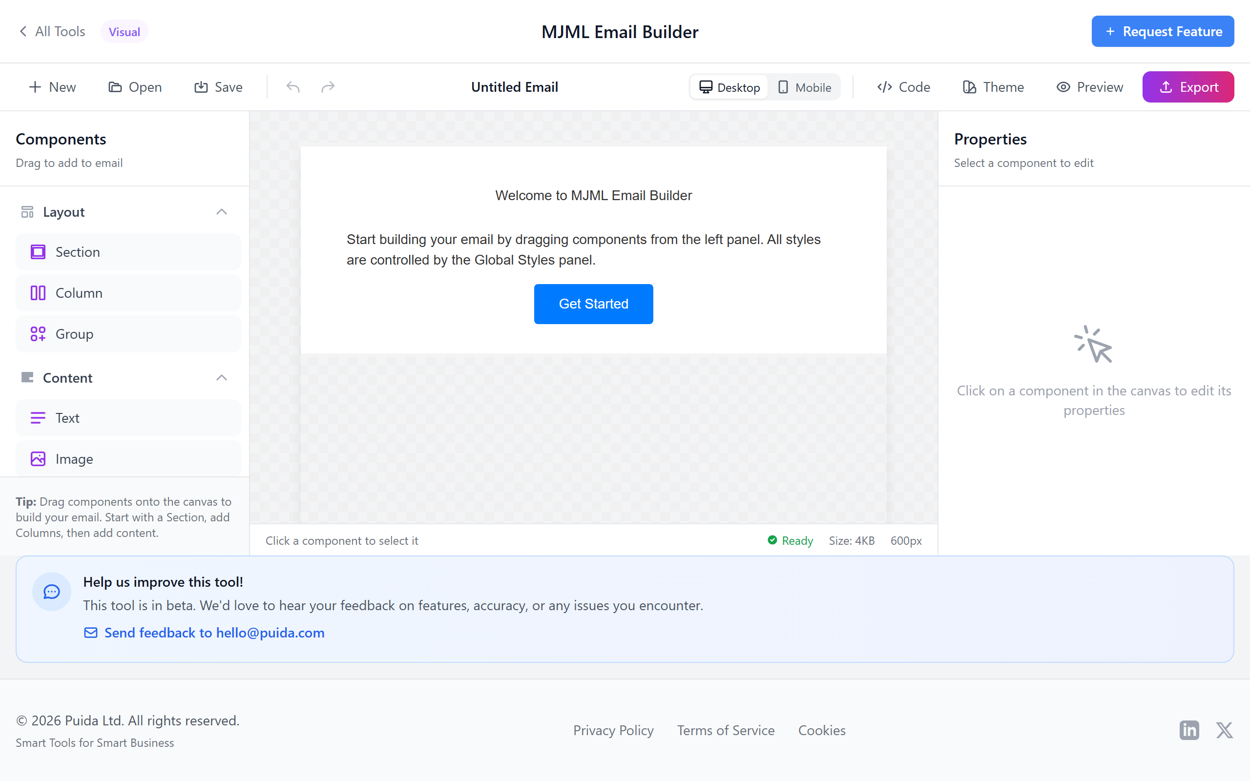 MJML Email Builder editor showing canvas, components, and properties panel