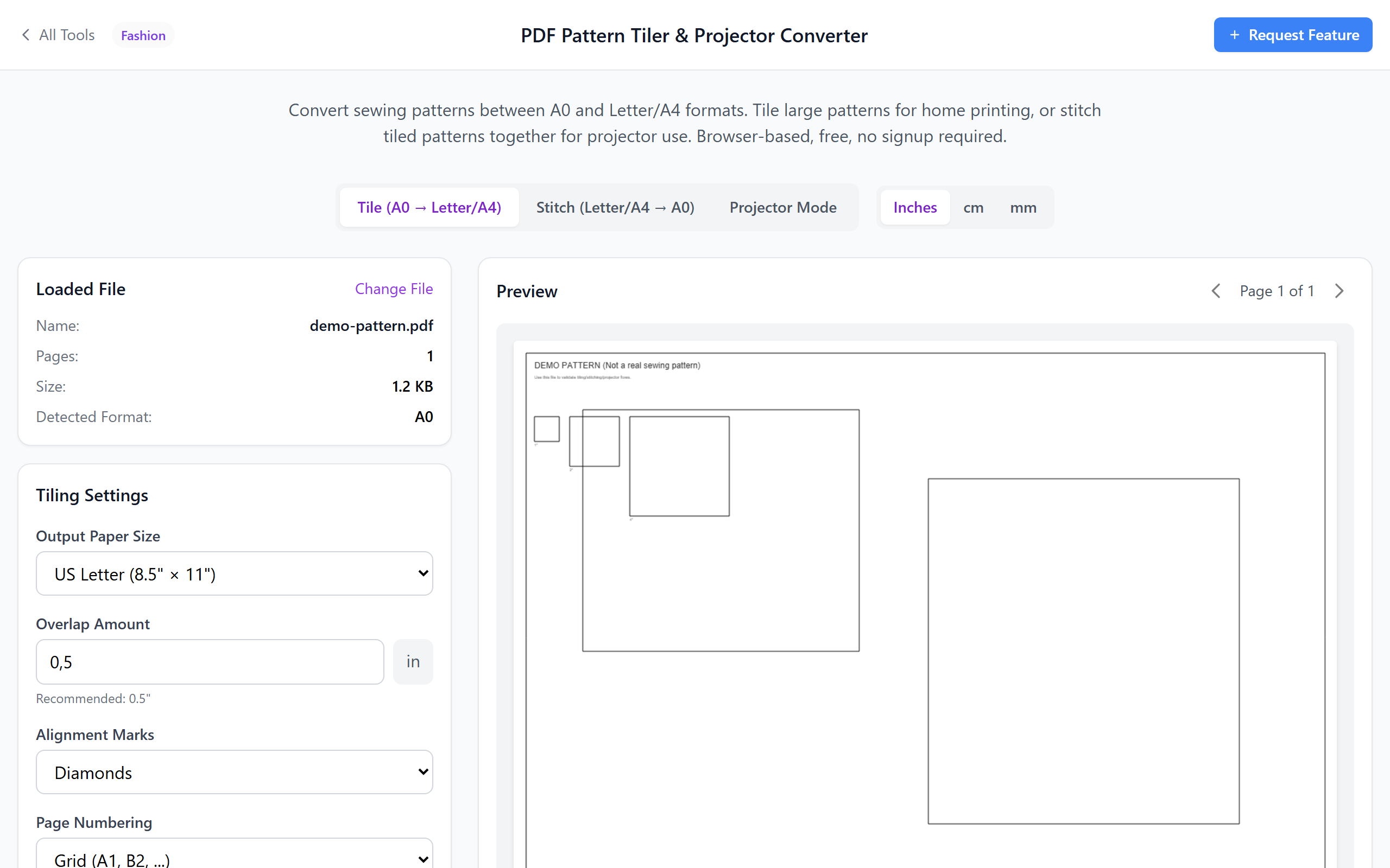 Pattern Tiler showing tiling, stitching, and projector modes with PDF preview