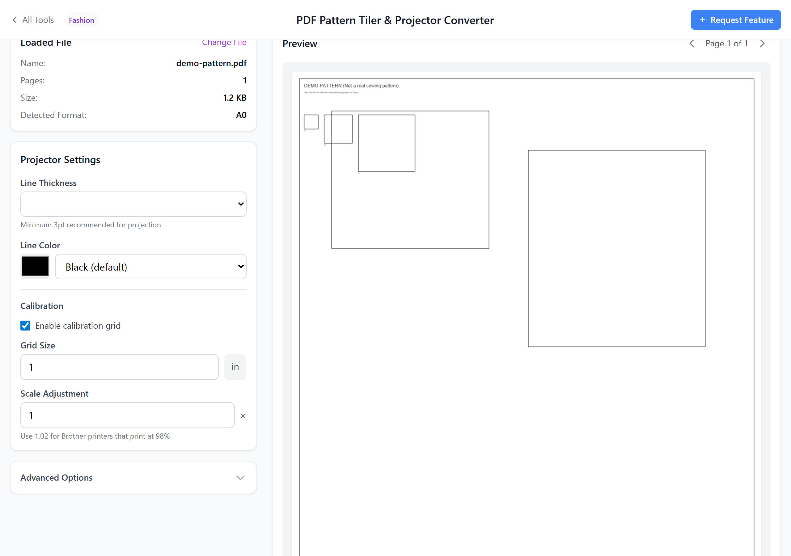 Projector mode showing calibration grid and optimized preview