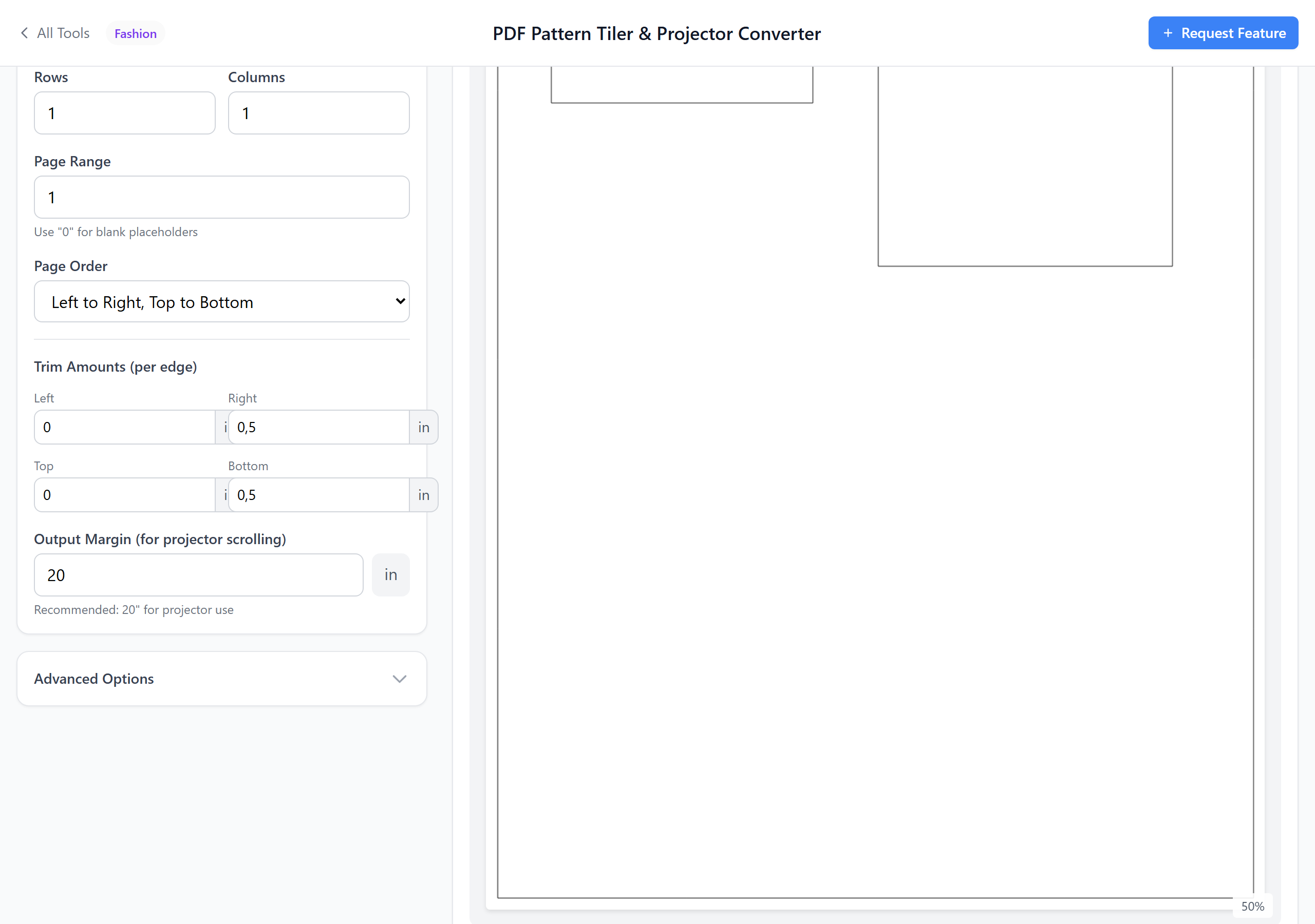 Reverse stitching mode showing grid and trim settings