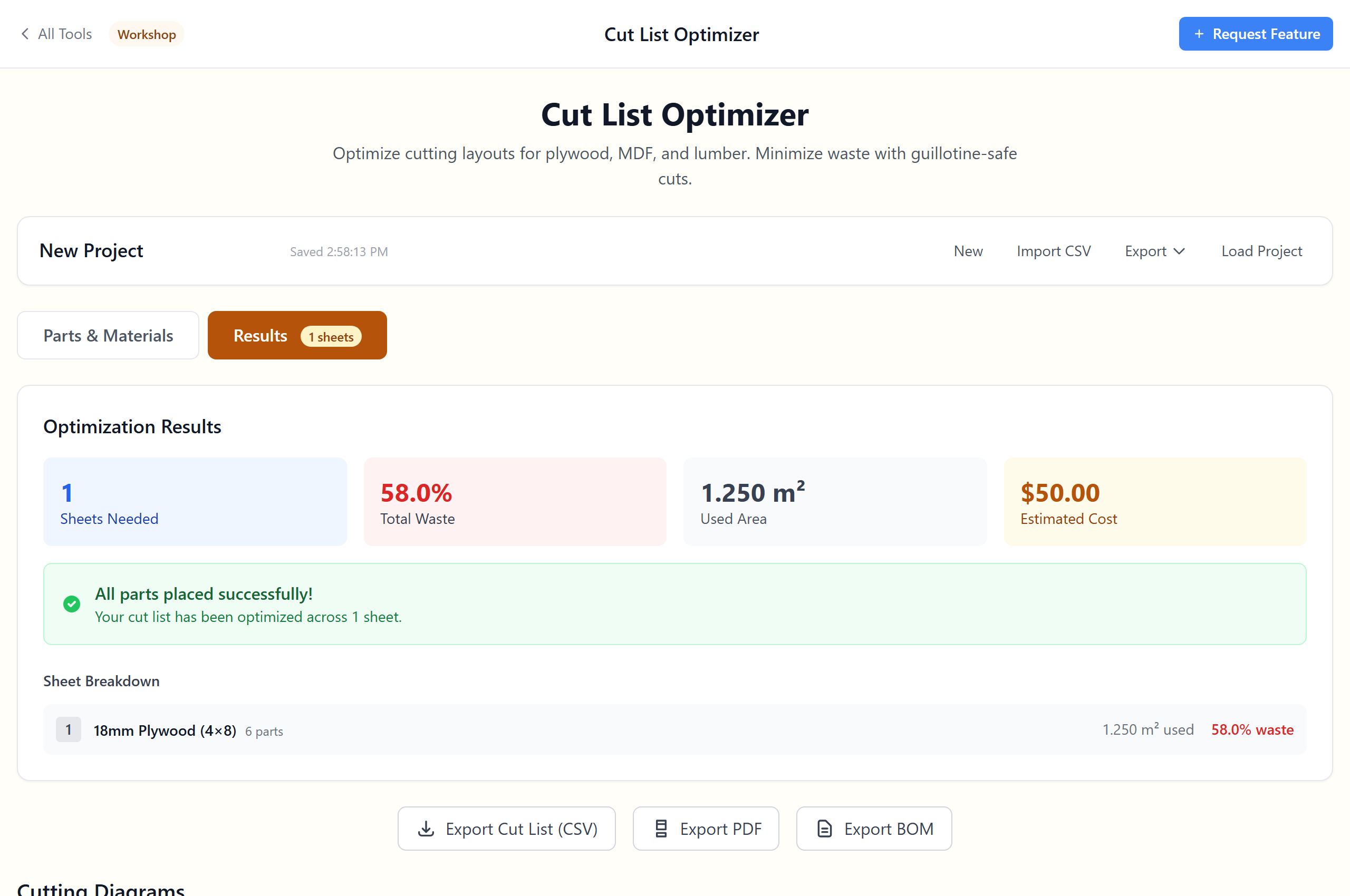 Results view showing export actions for CSV and PDF