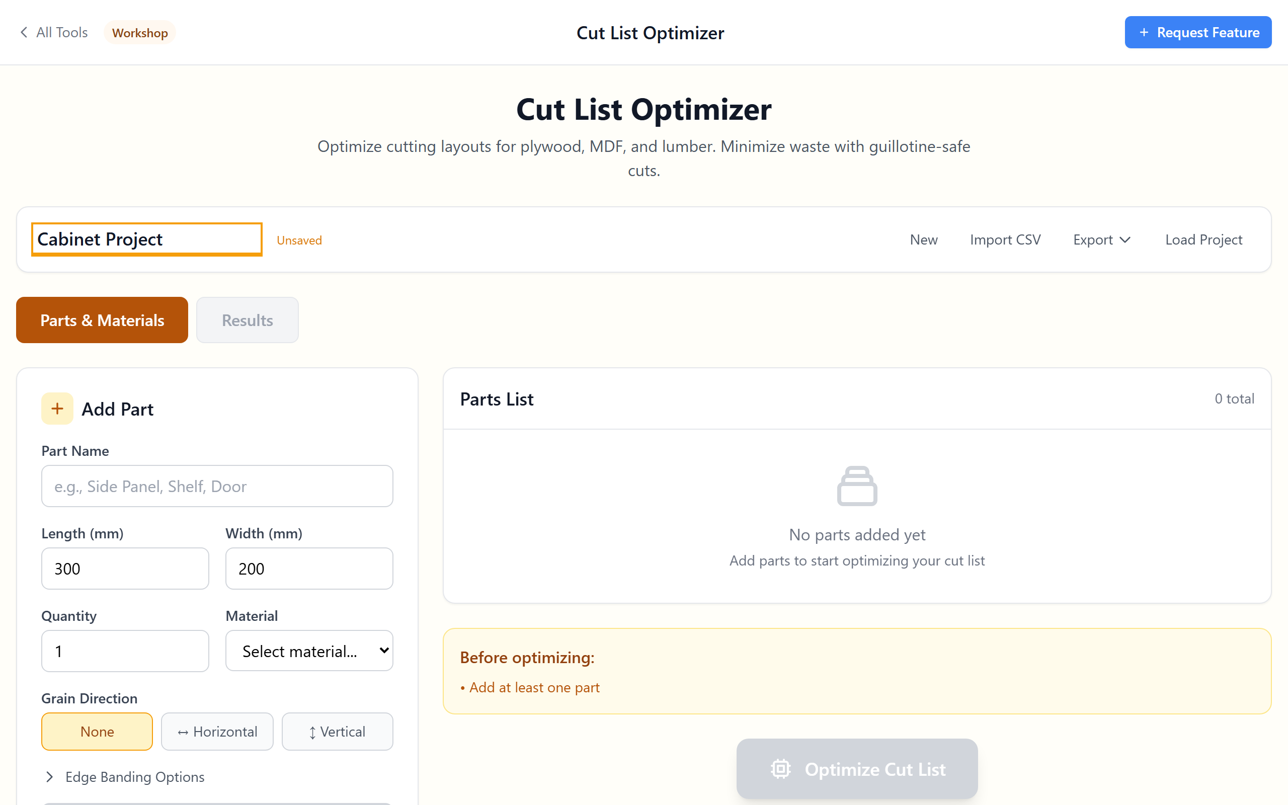 Cut List Optimizer showing parts table, materials, and optimize button