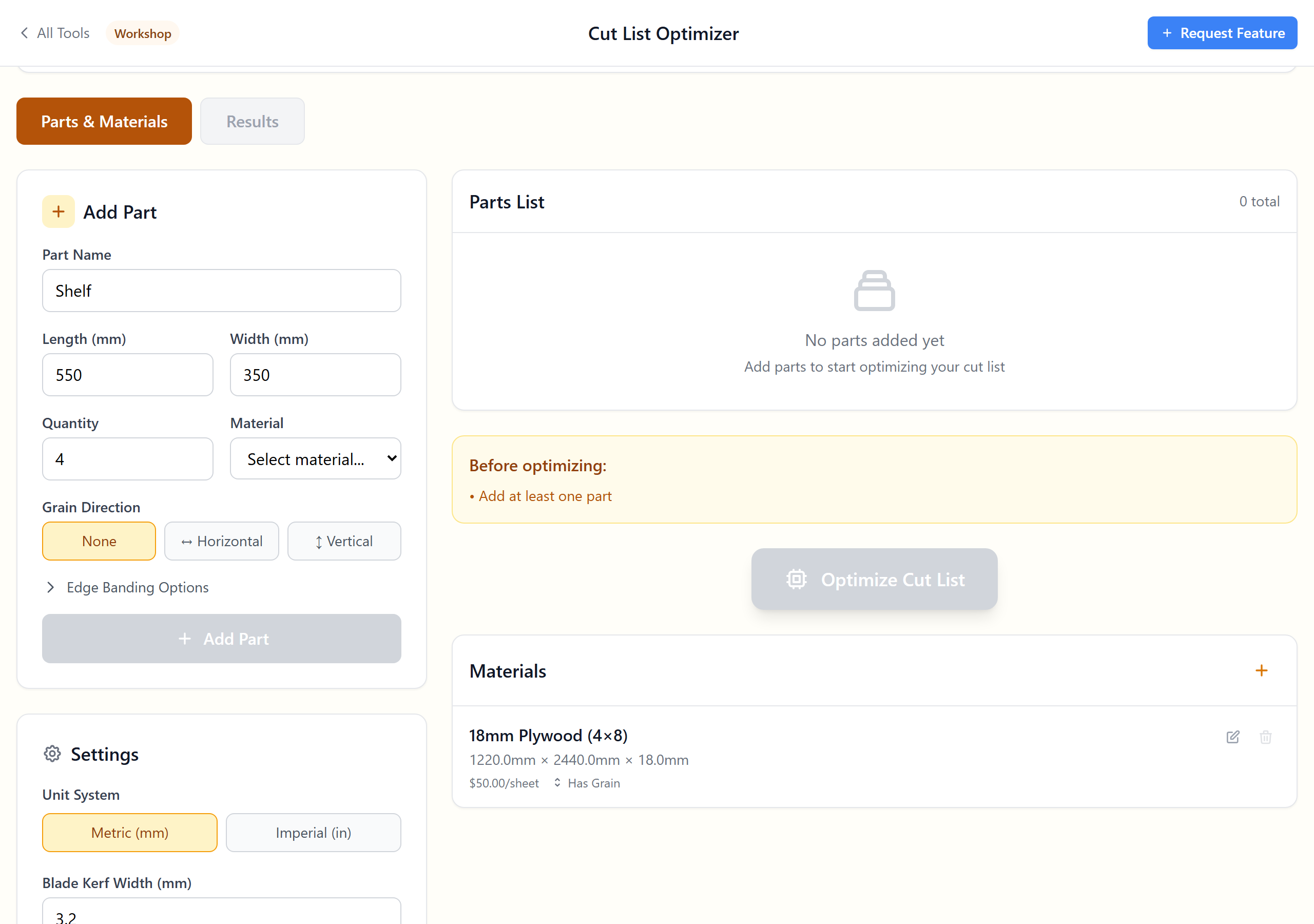 Optimized sheet layout diagram with placed parts and waste percentage