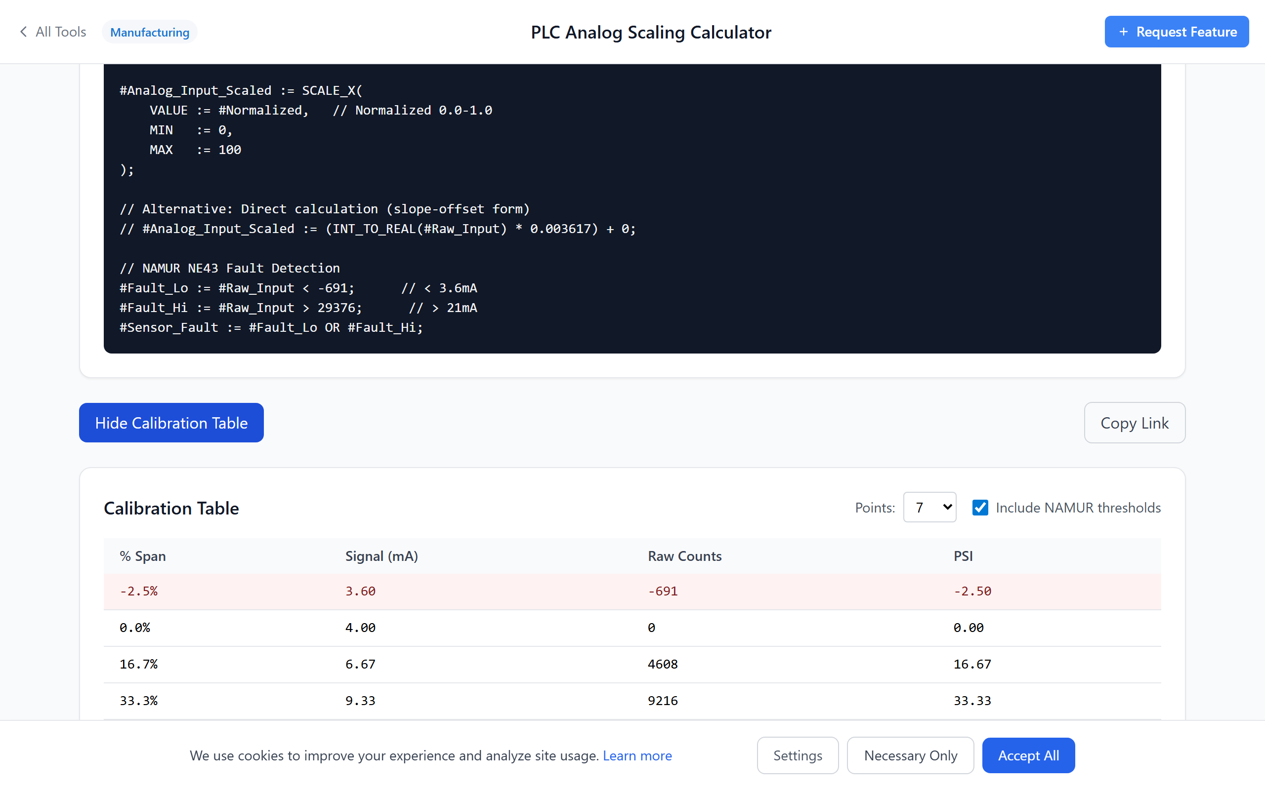 PLC Analog Scaling Calculator interface showing scaling parameters