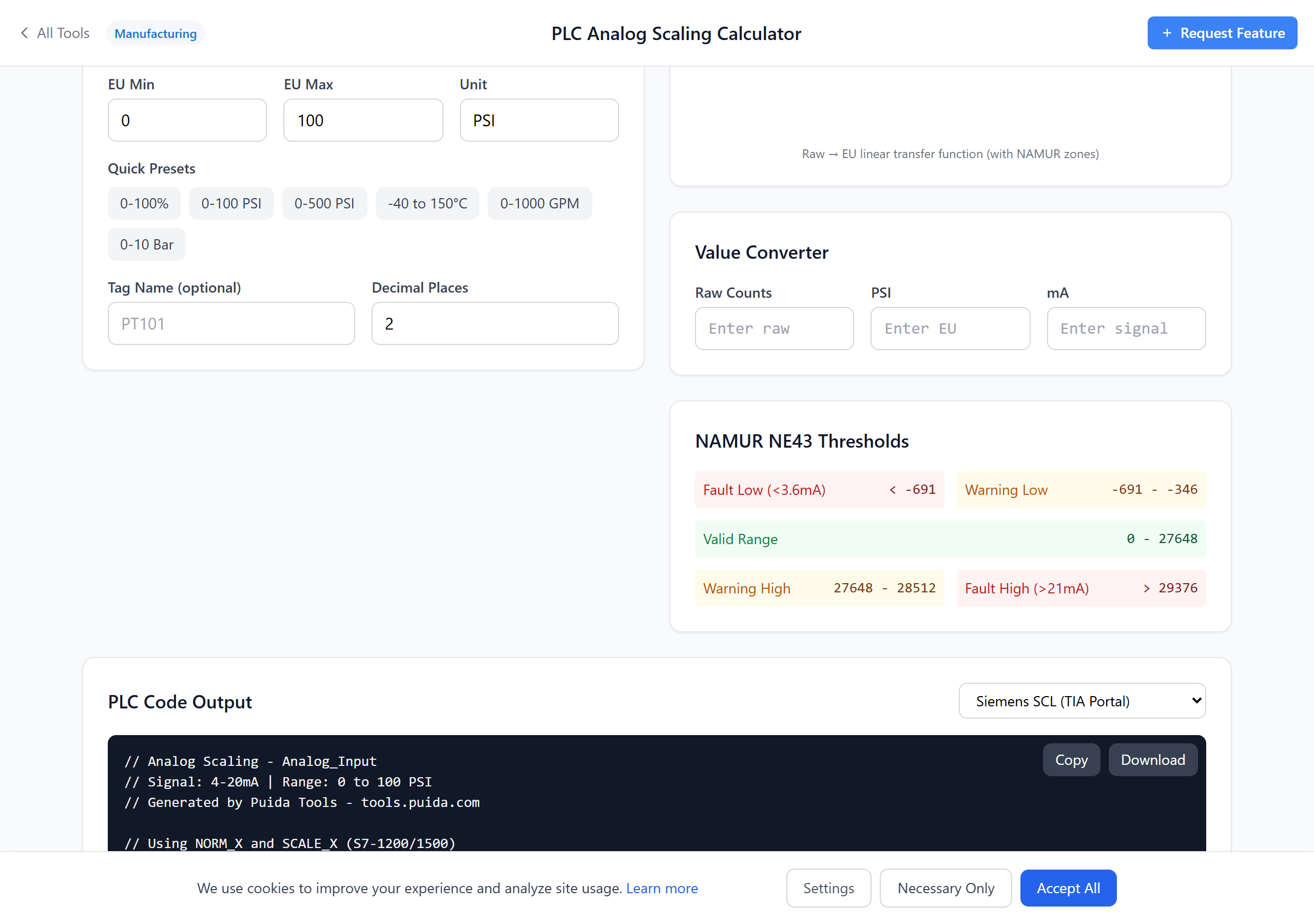 PLC parameter outputs for analog scaling