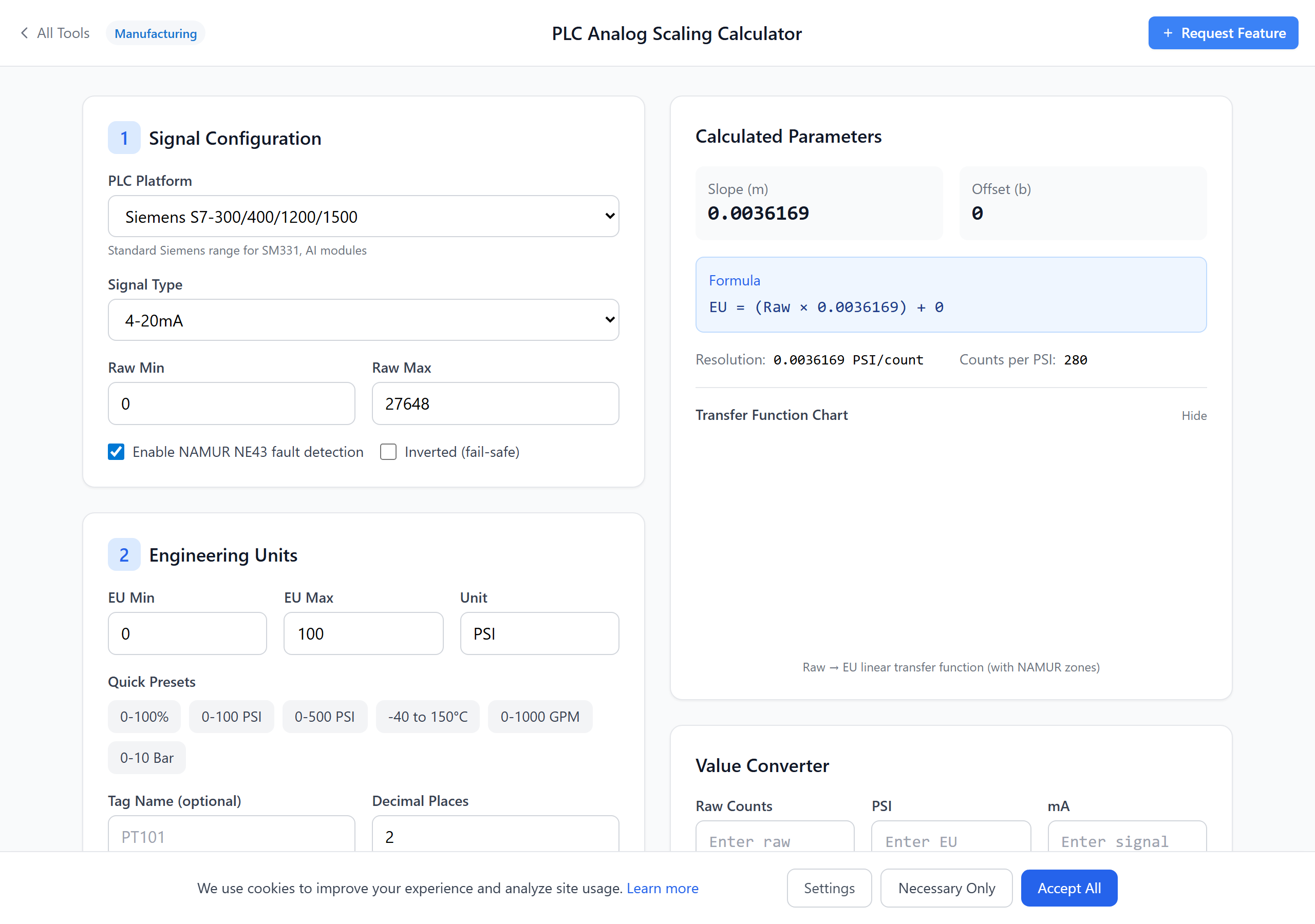 Analog scaling slope and offset results