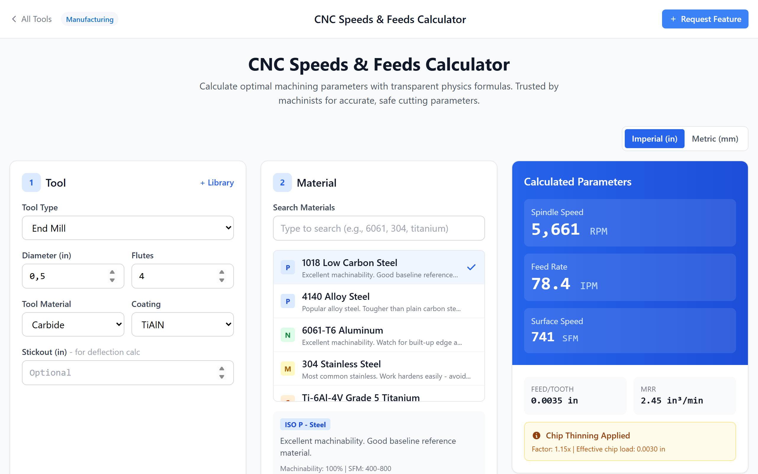 CNC Speeds & Feeds Calculator showing RPM and feed rate results