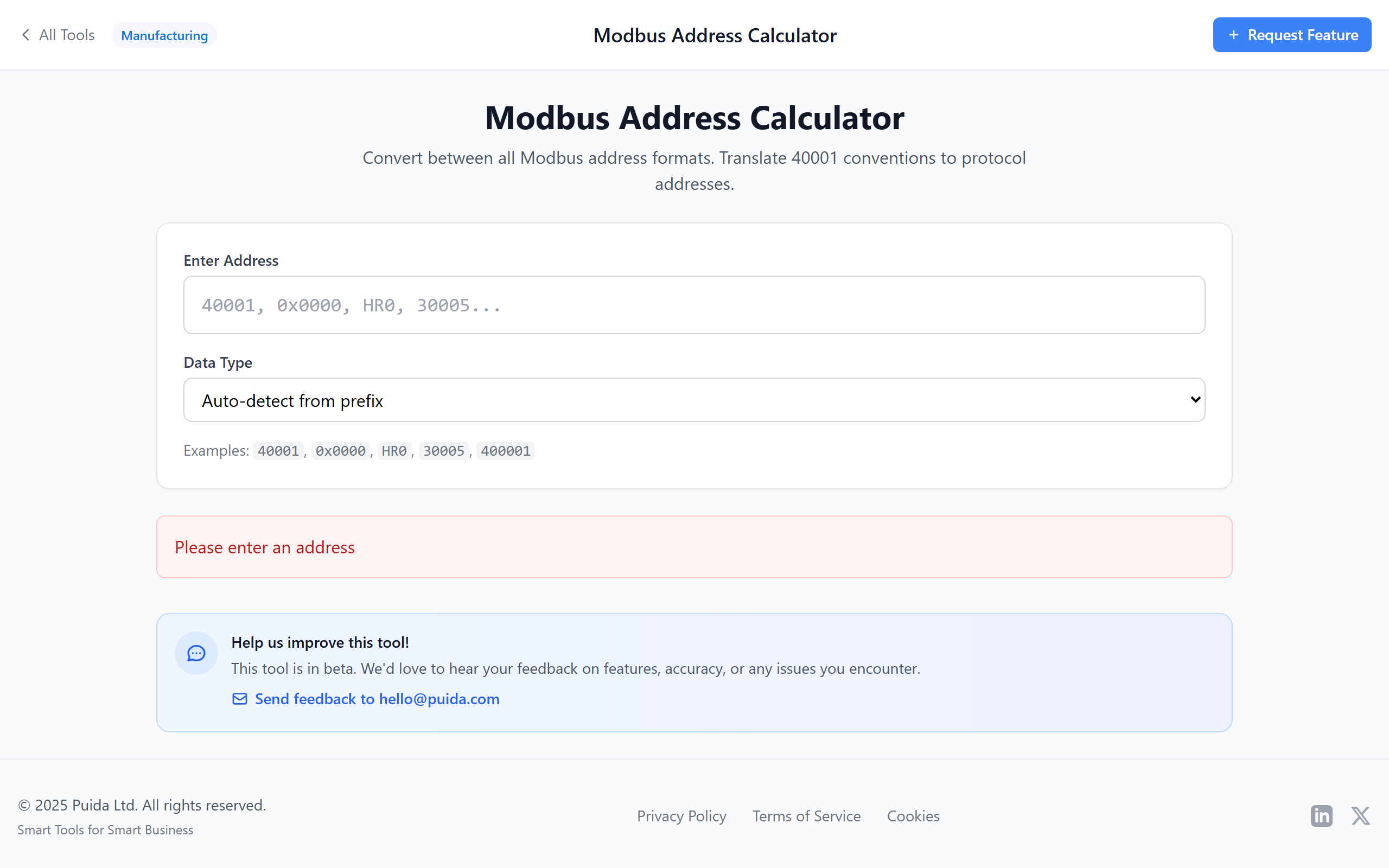 Modbus Address Calculator showing address conversions and function codes