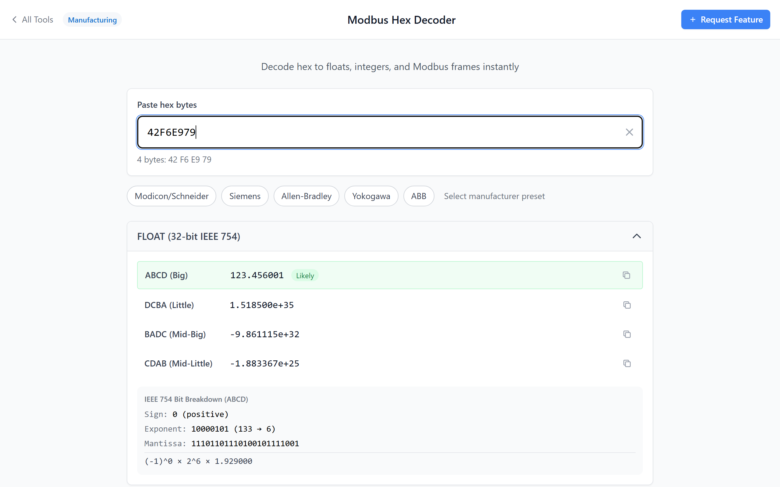 Modbus Hex Decoder interface showing hex to float conversion