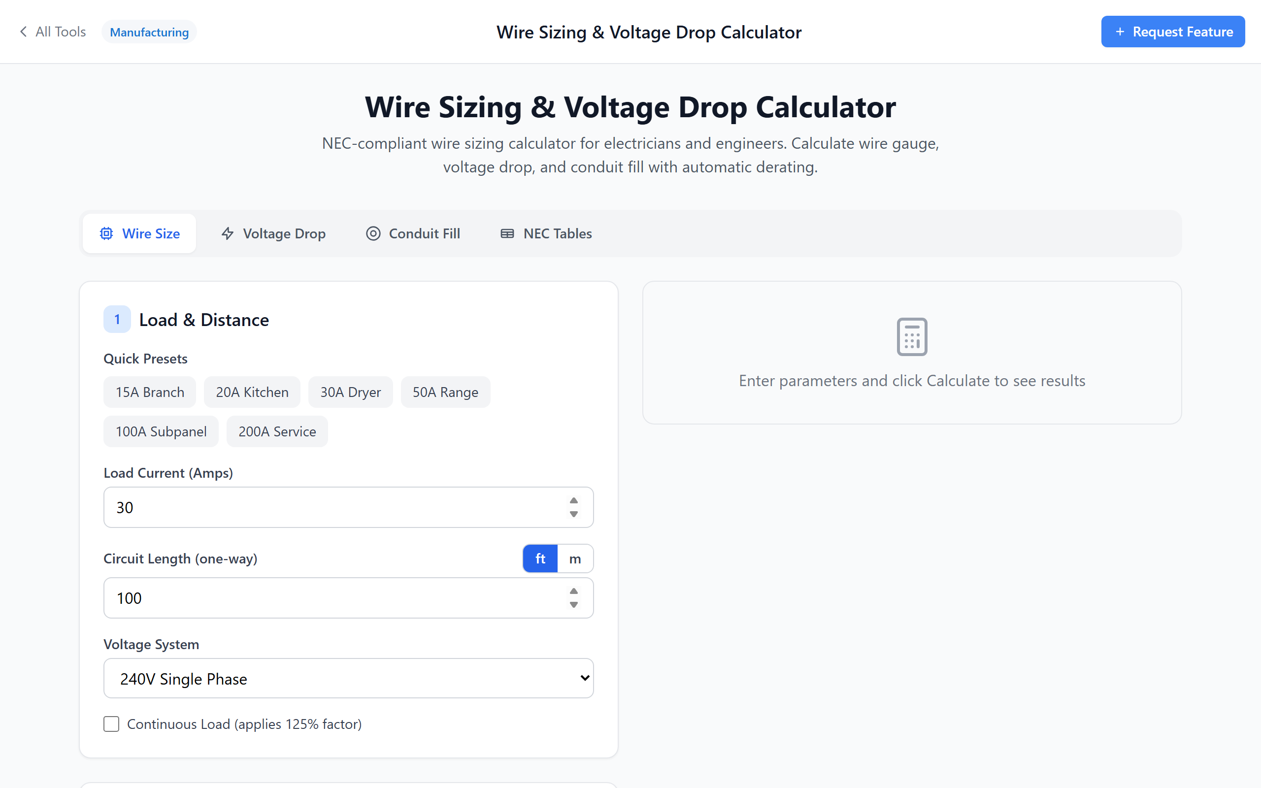 Wire sizing calculator showing recommended gauge and voltage drop results