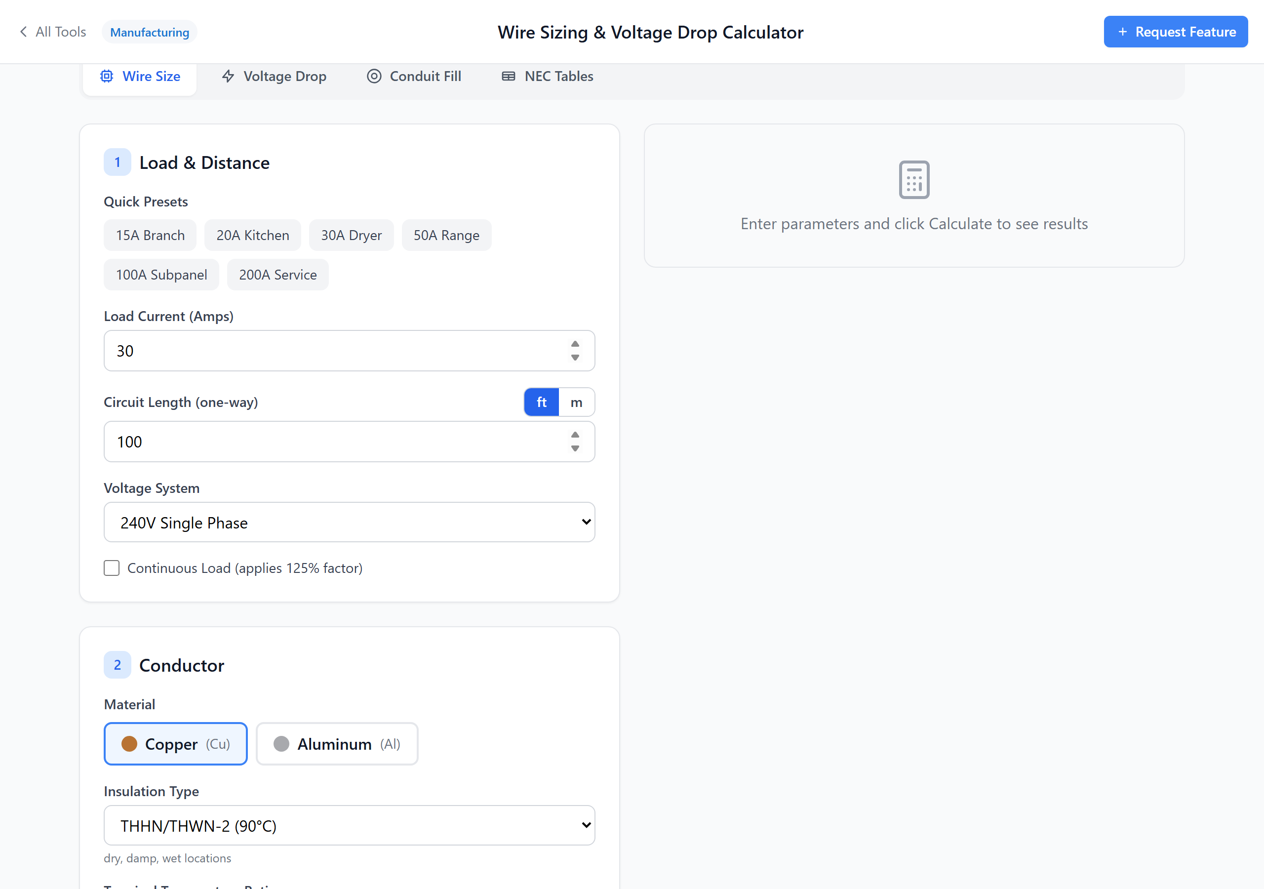 Voltage drop results across wire gauge options