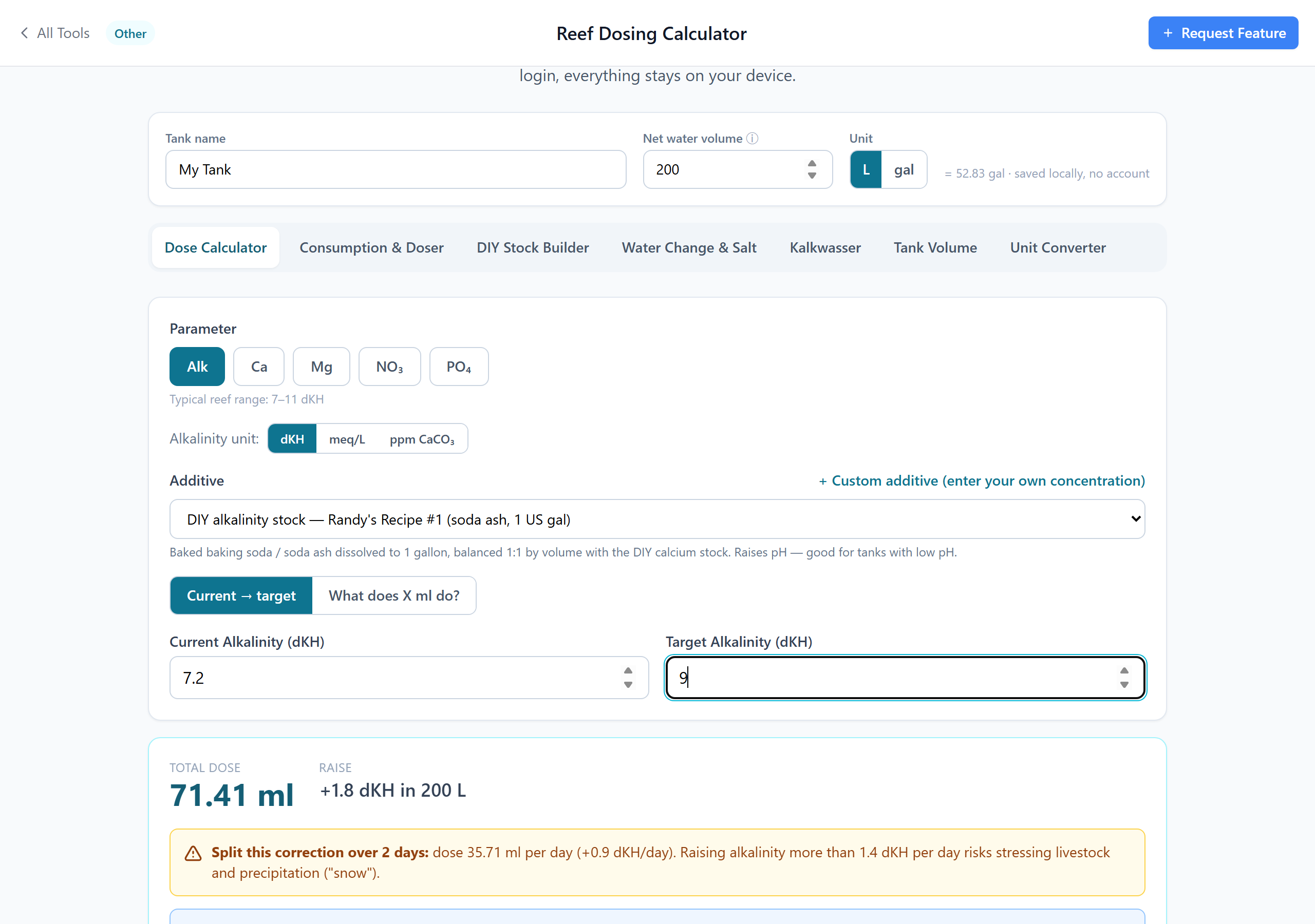 Reef dosing calculator showing an alkalinity dose result with safety warnings and the math shown