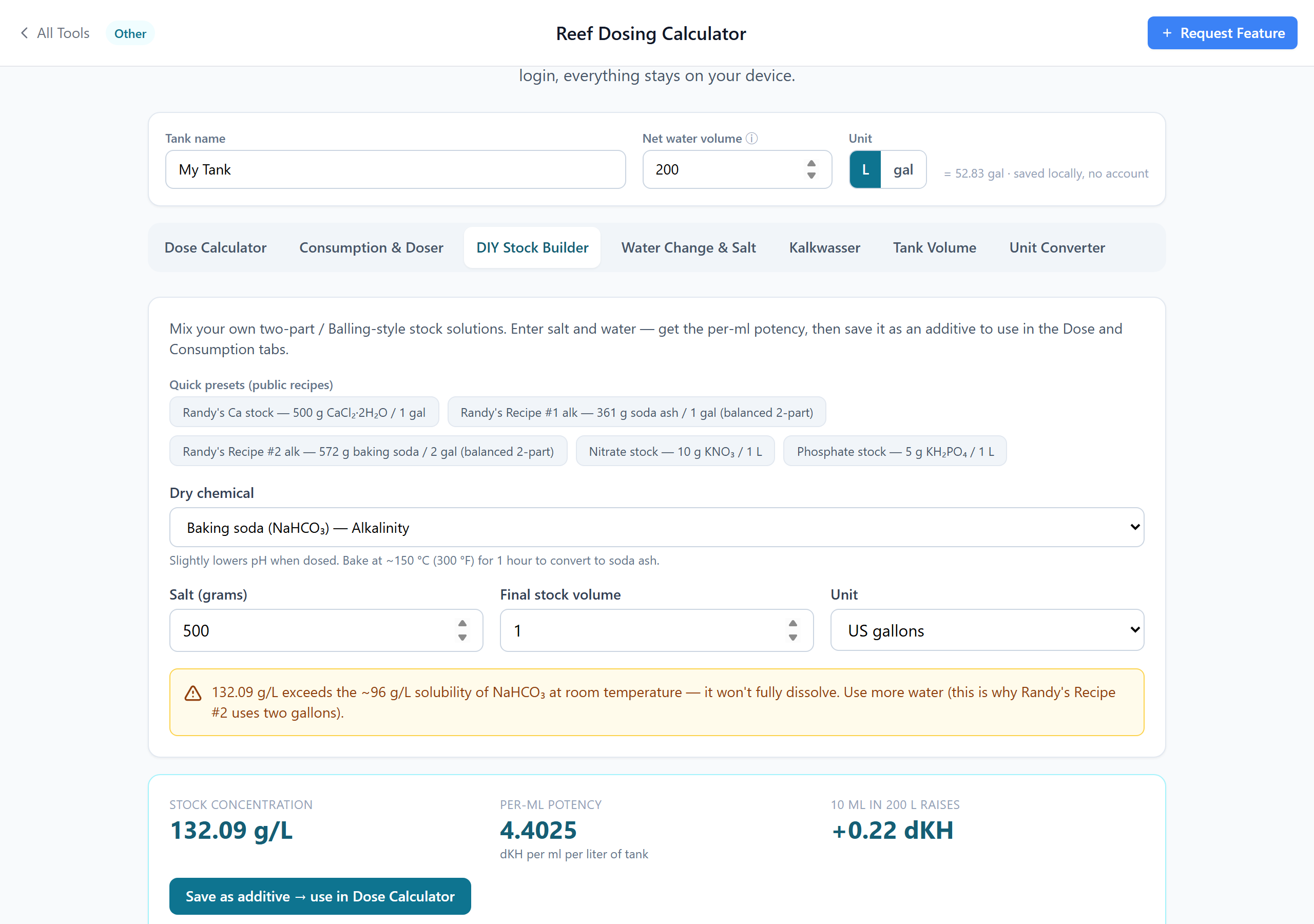 DIY stock solution builder showing per-ml potency result